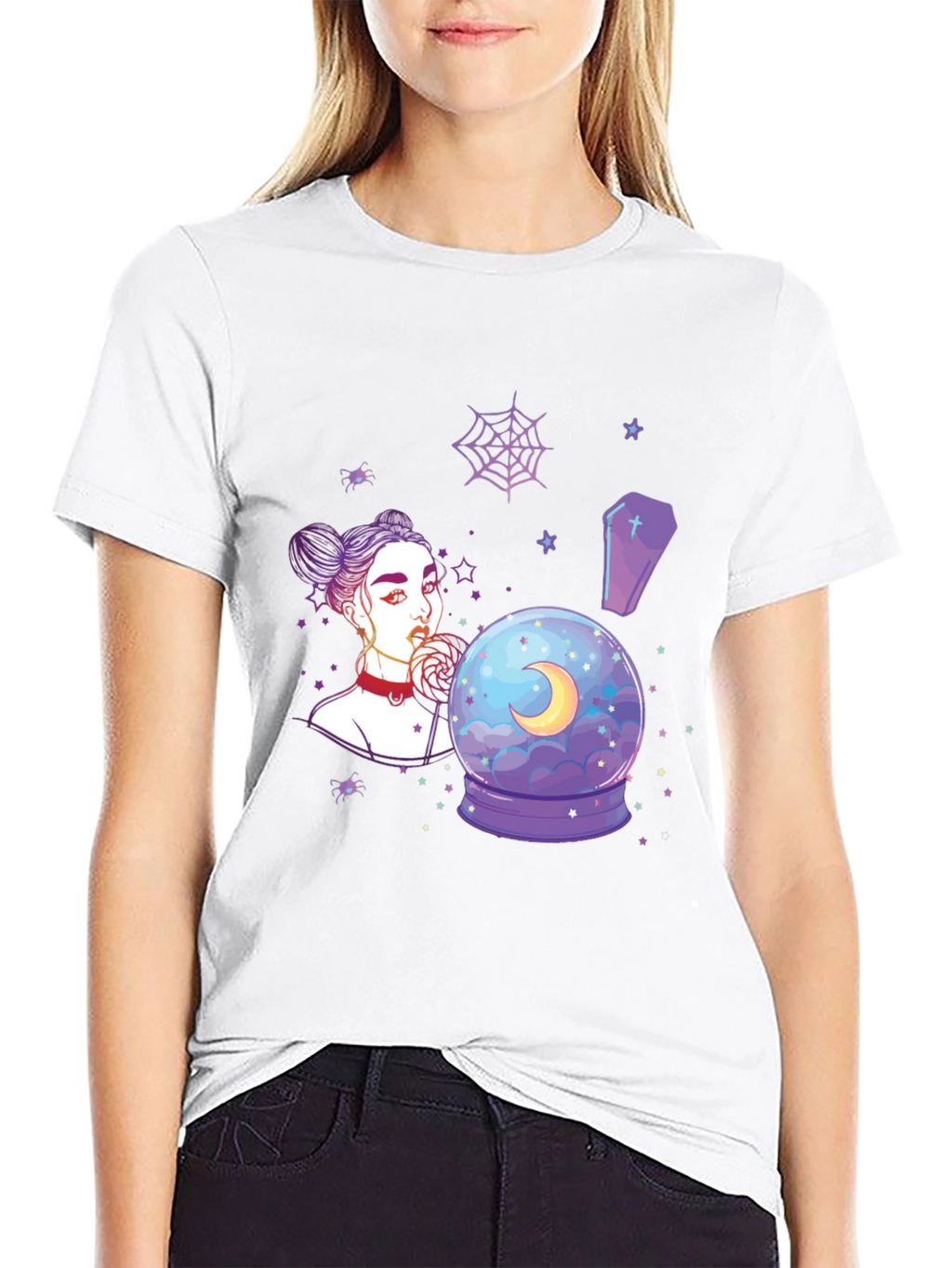 Witchy Girl Graphic T-Shirt - Gothic Moon Design