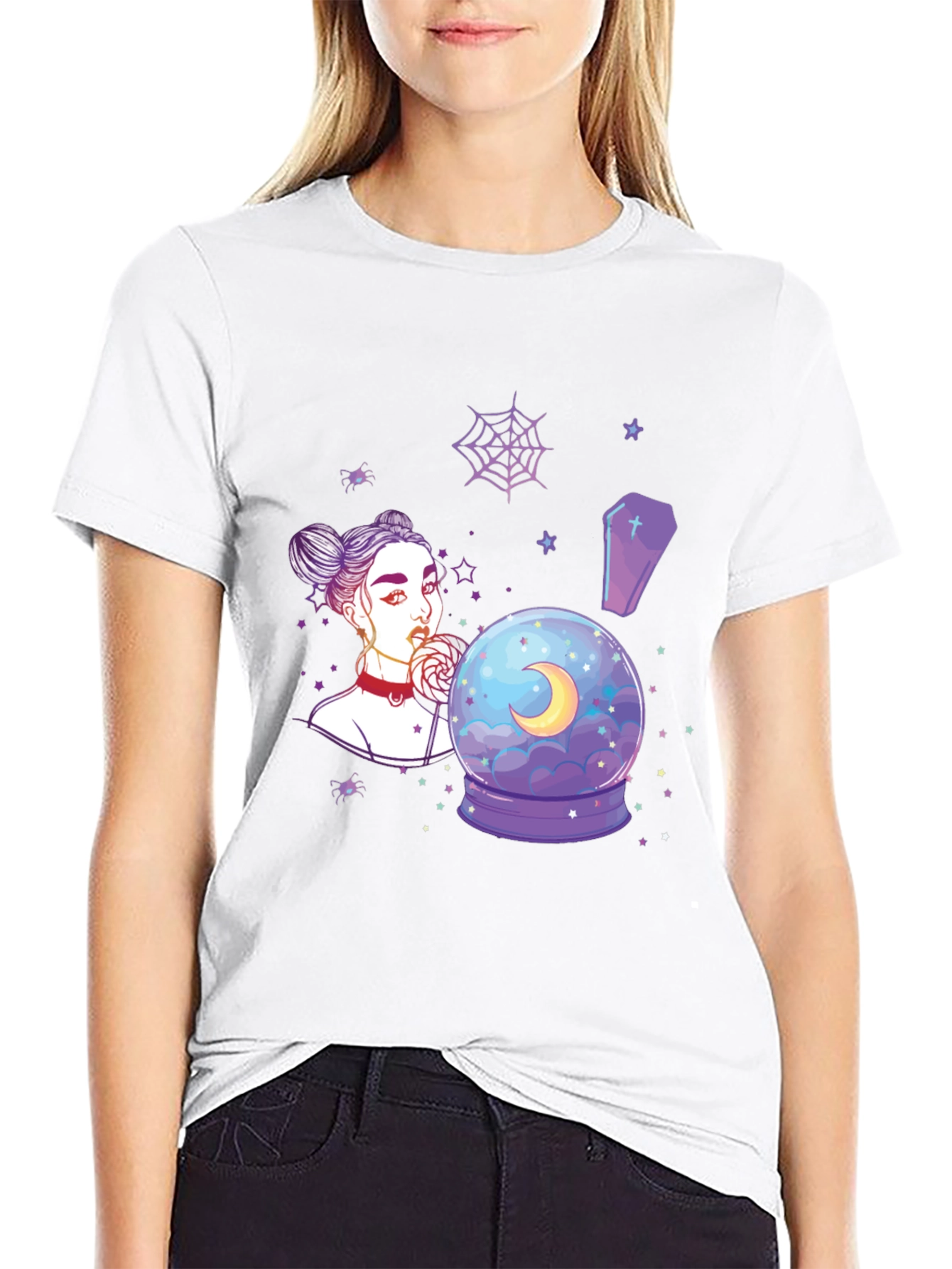 Witchy Girl Graphic T-Shirt - Gothic Moon Design