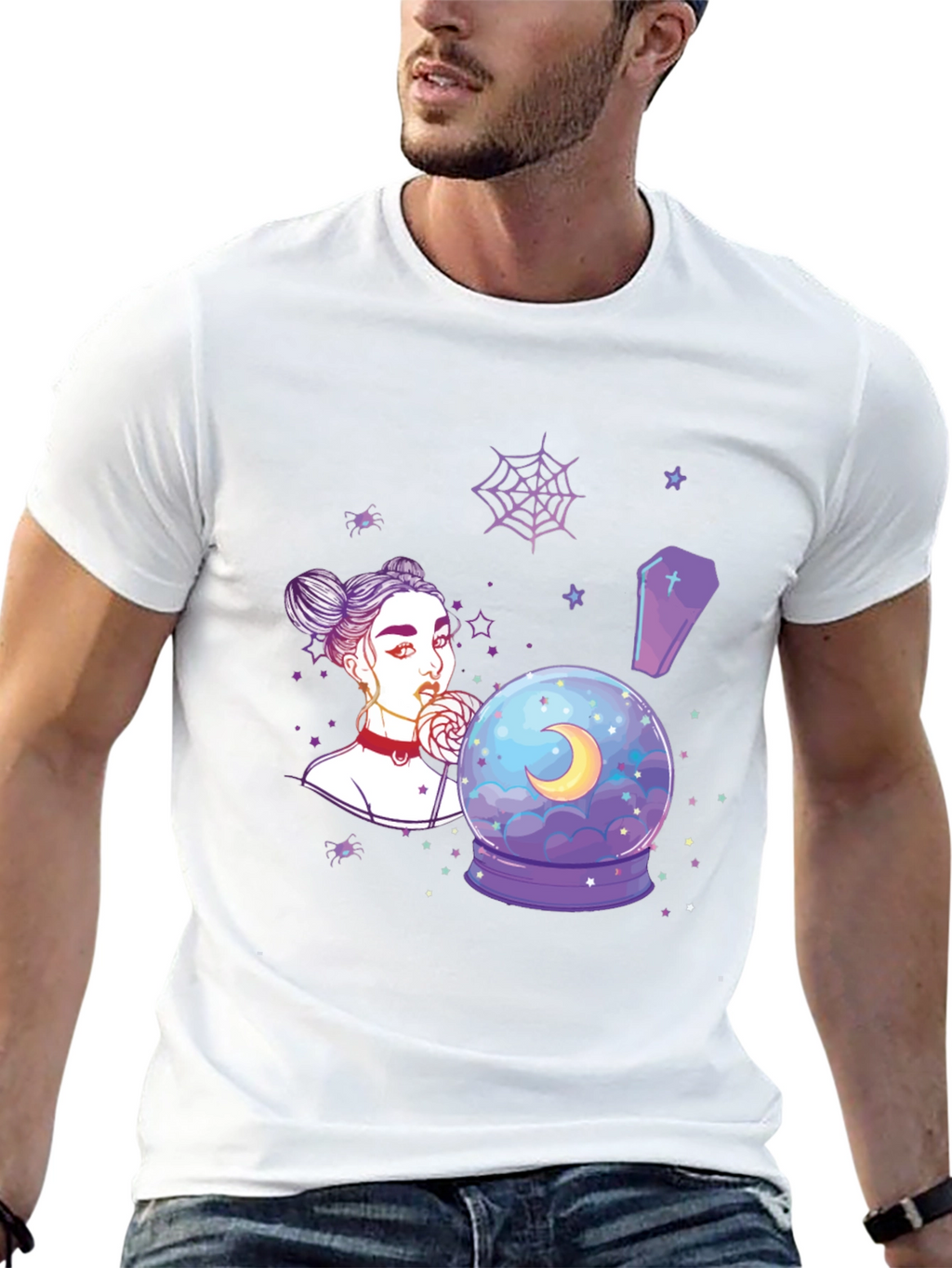 Witchy Girl Graphic T-Shirt - Gothic Moon Design