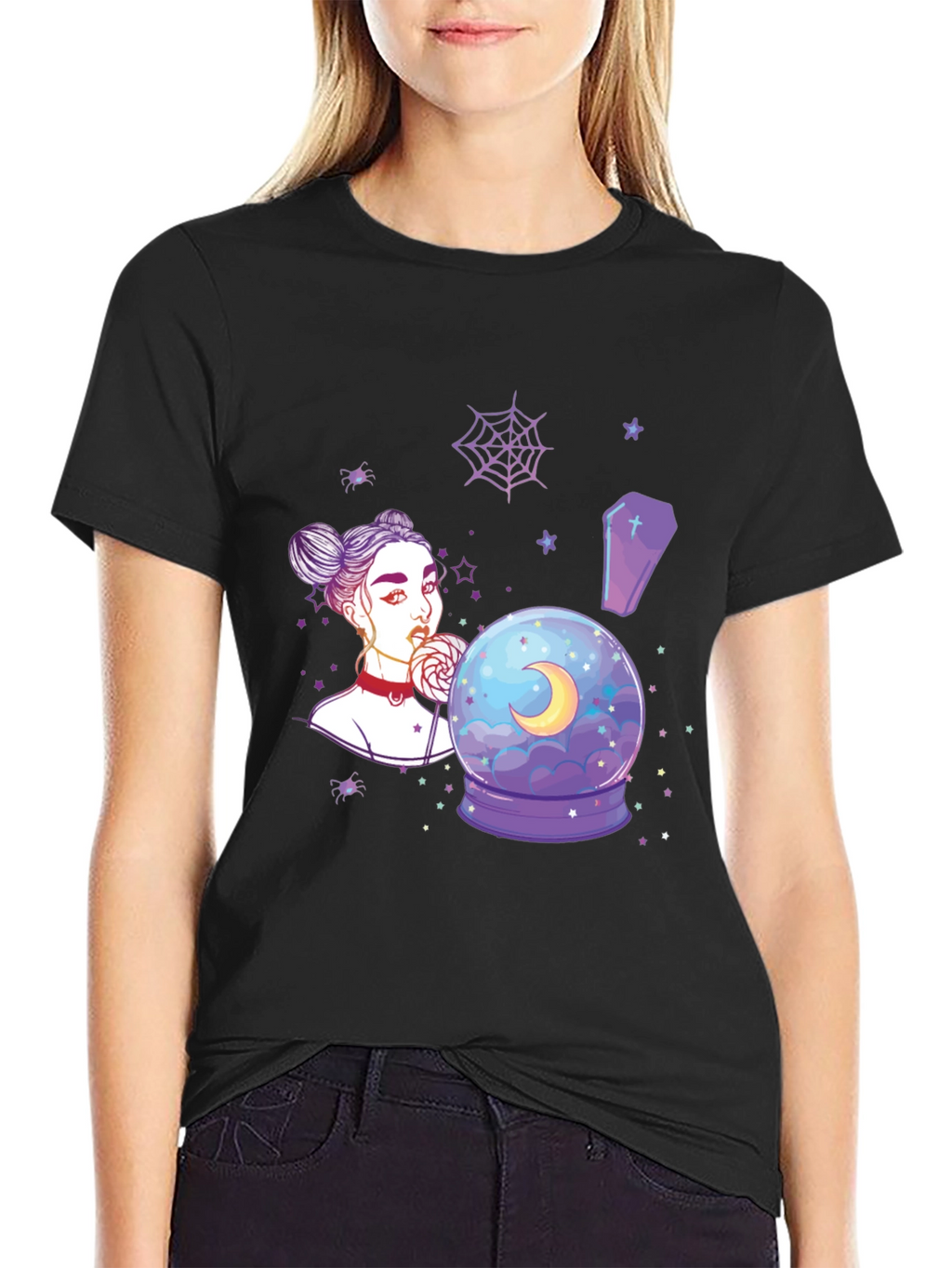 Witchy Girl Graphic T-Shirt - Gothic Moon Design
