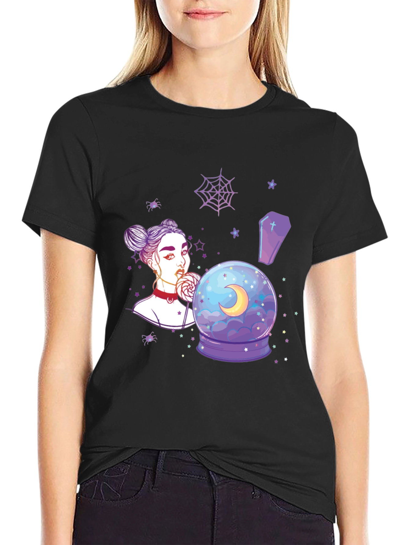 Witchy Girl Graphic T-Shirt - Gothic Moon Design