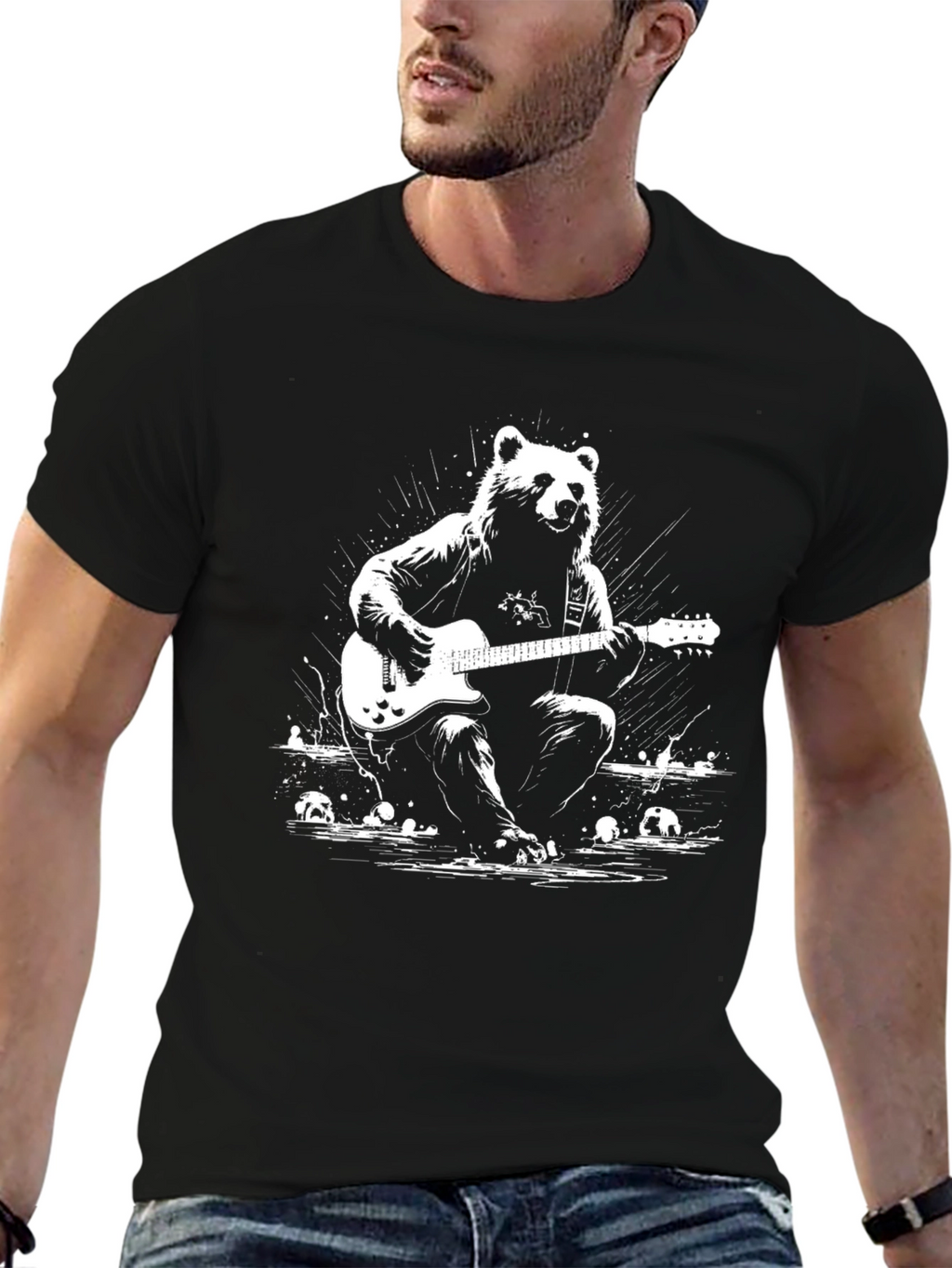 Bear Guitarist Graphic T-Shirt - Black Cotton Tee