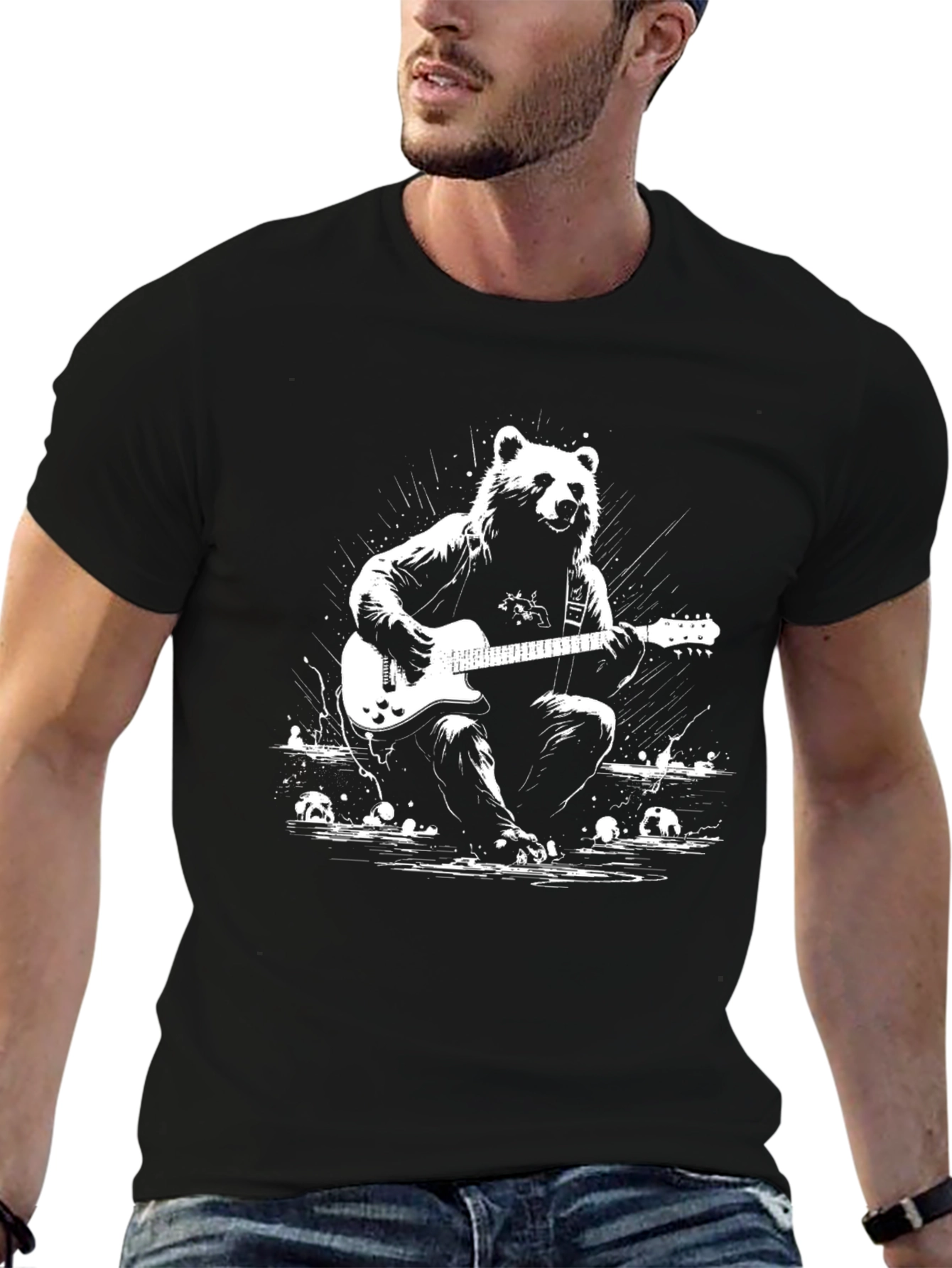 Bear Guitarist Graphic T-Shirt - Black Cotton Tee