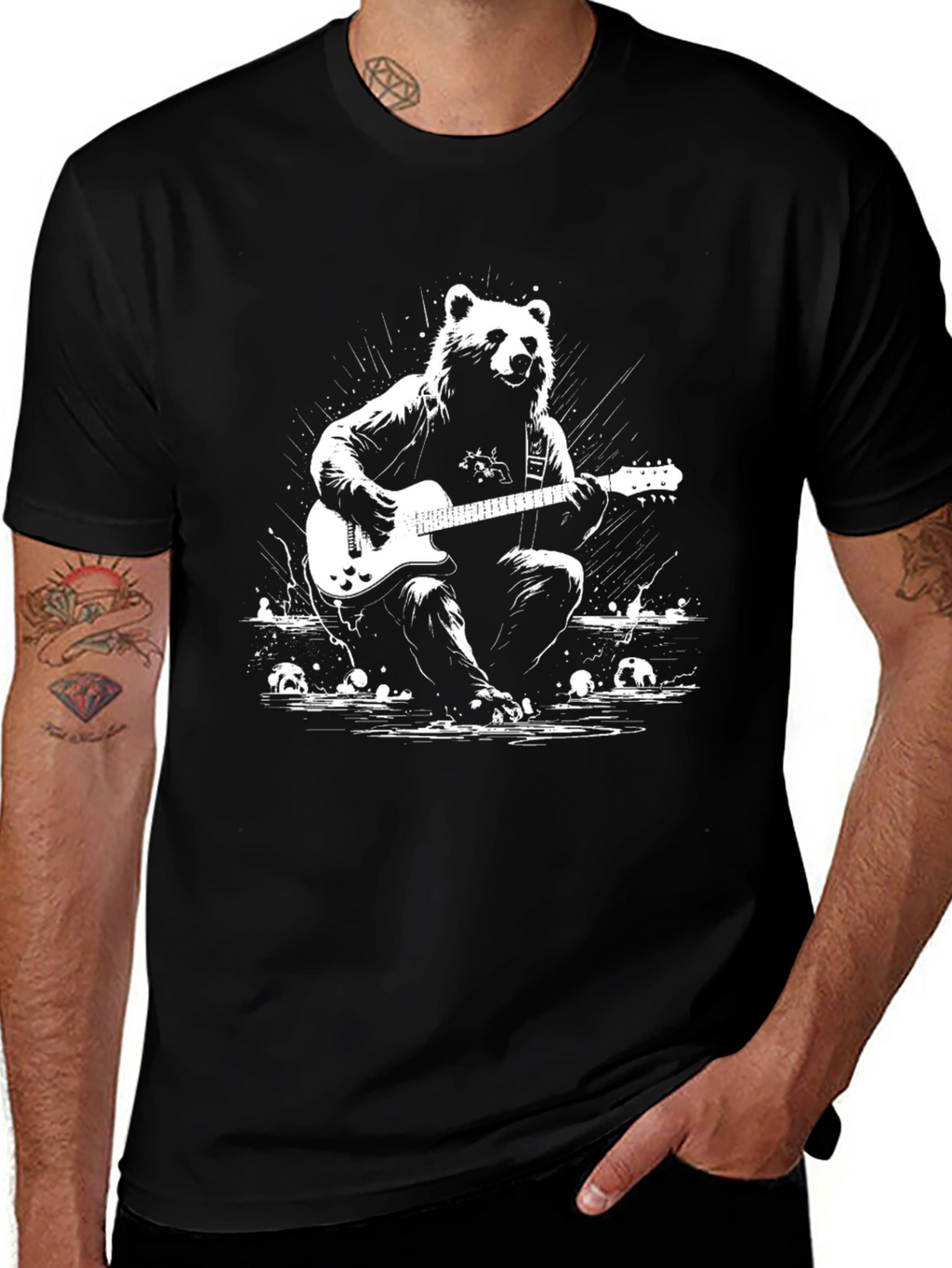 Bear Guitarist Graphic T-Shirt - Black Cotton Tee