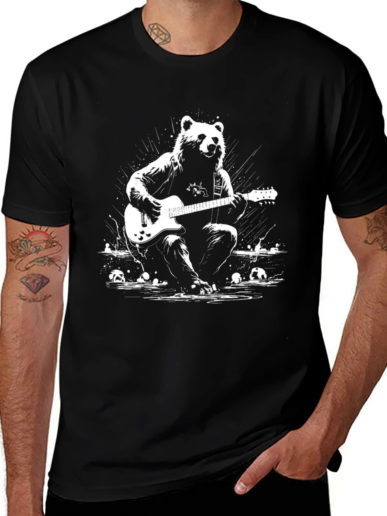 Bear Guitarist Graphic T-Shirt - Black Cotton Tee