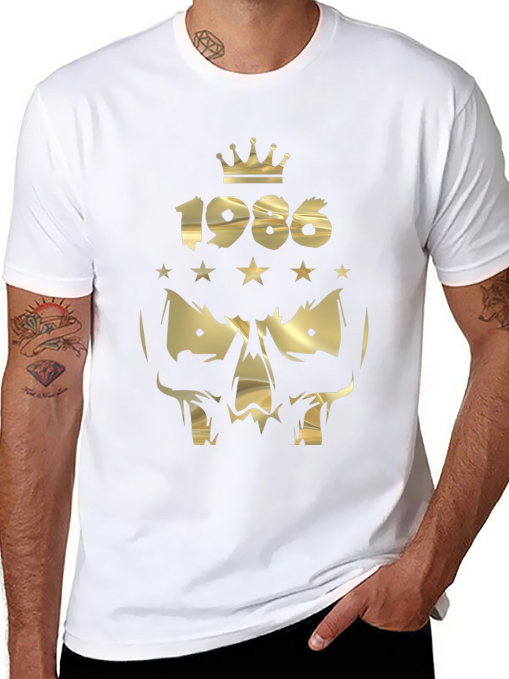 Gold 1986 Crown Skull Graphic Black T-Shirt