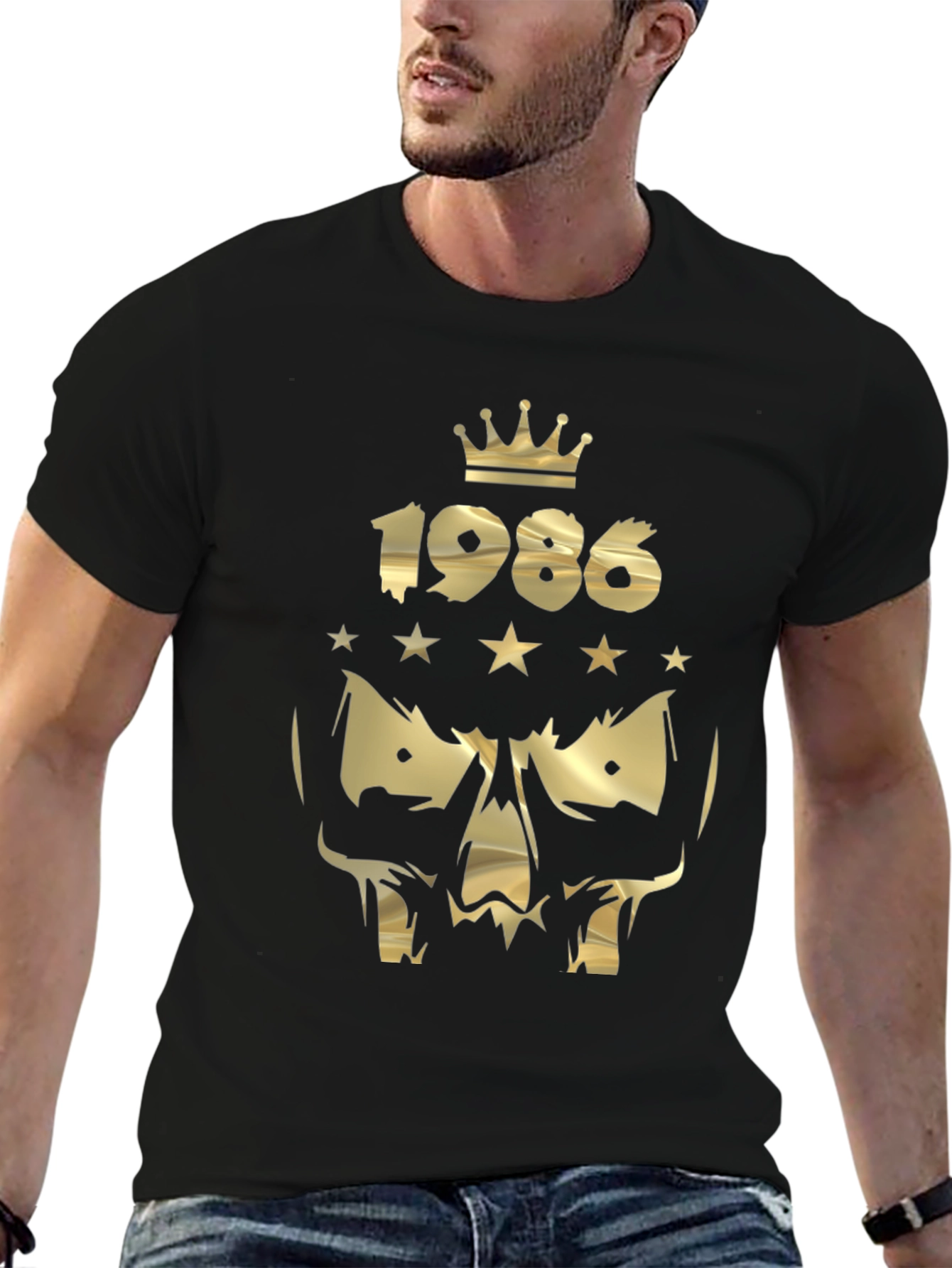 Gold 1986 Crown Skull Graphic Black T-Shirt