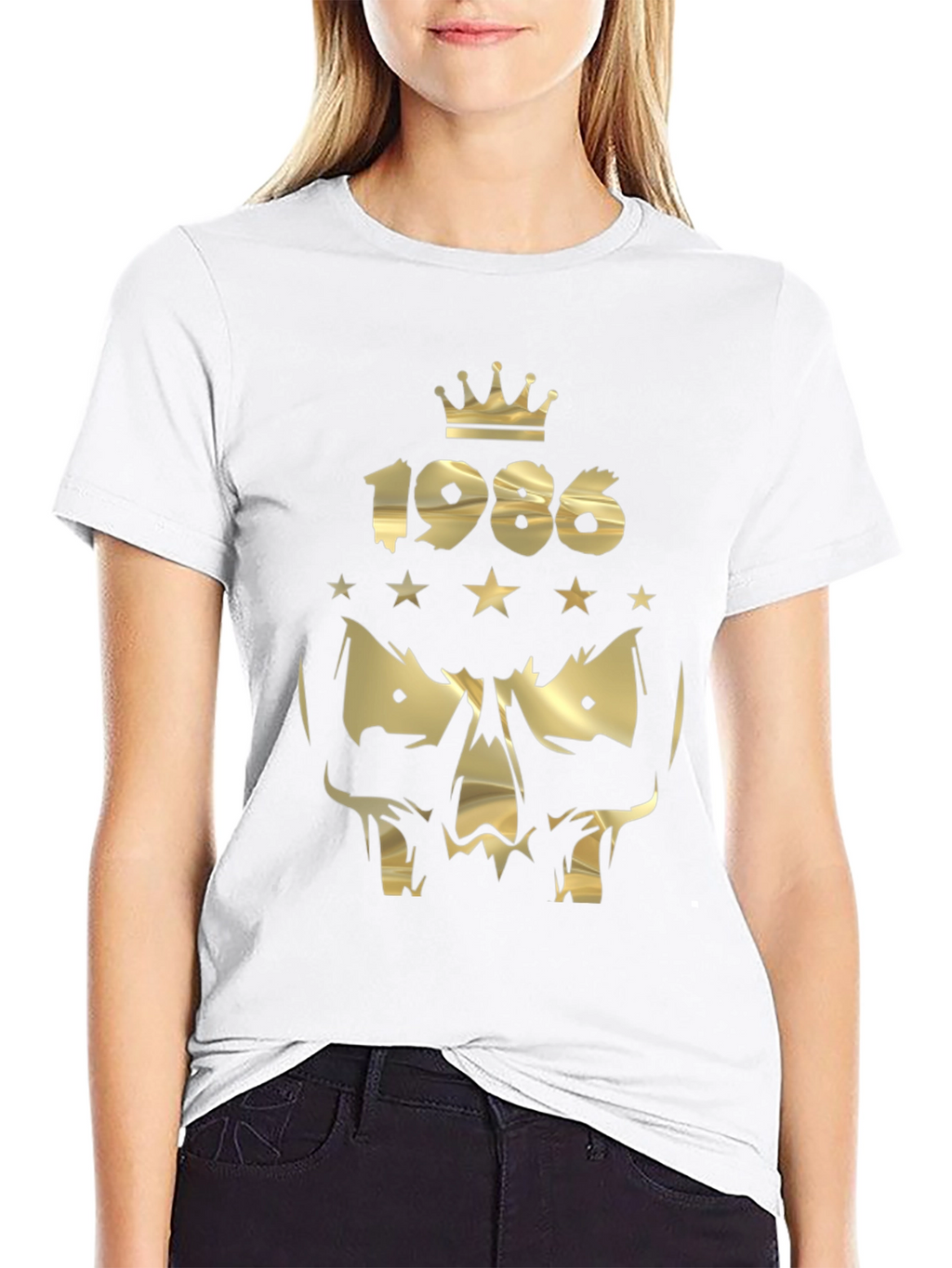 Gold 1986 Crown Skull Graphic Black T-Shirt
