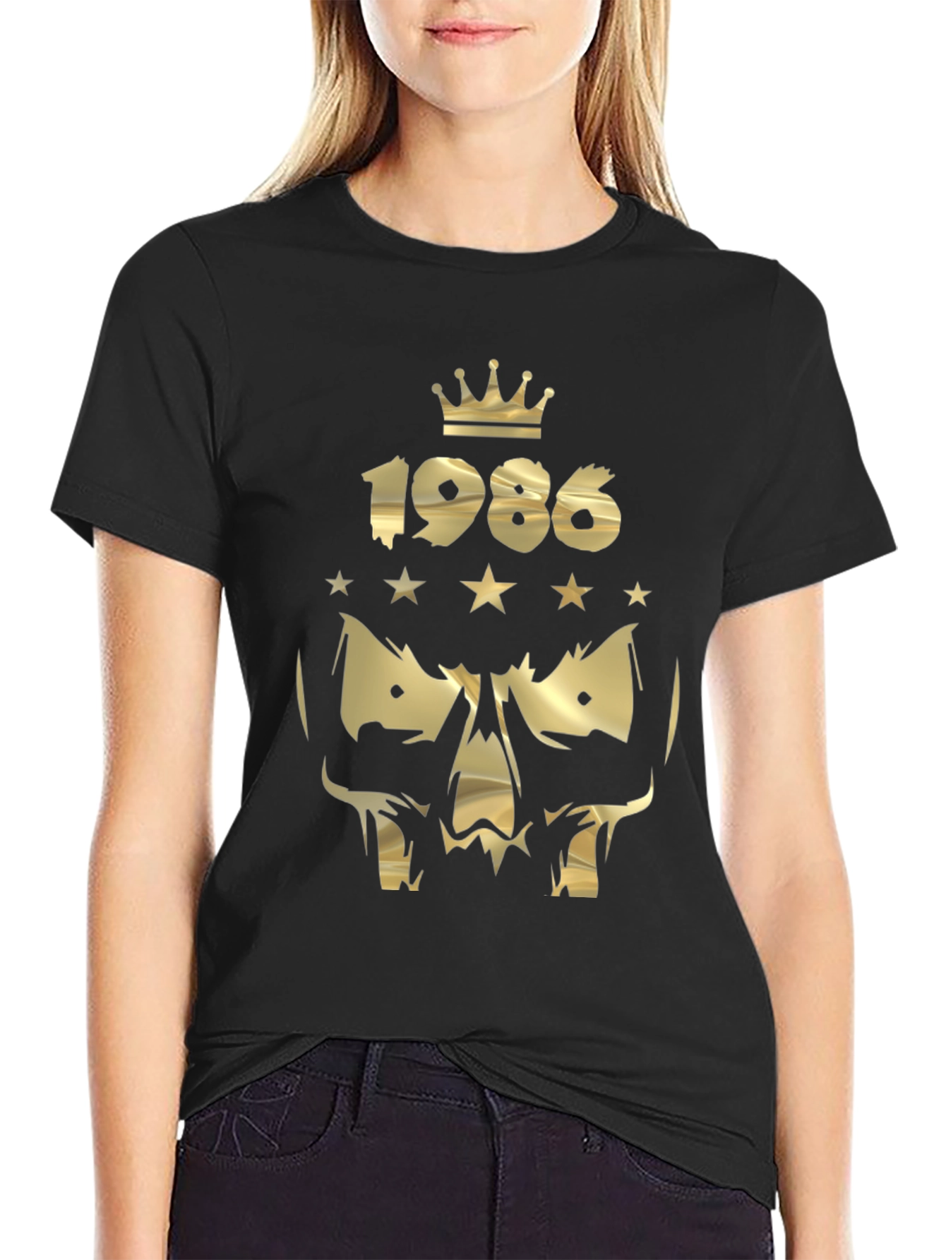 Gold 1986 Crown Skull Graphic Black T-Shirt