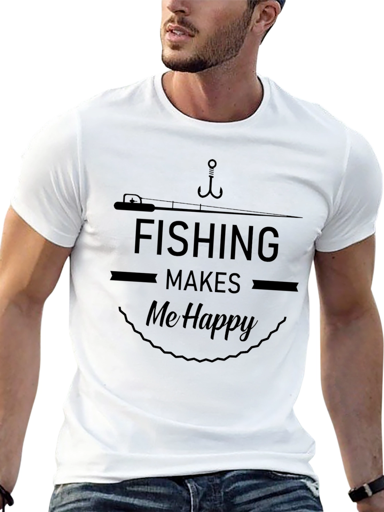 Fishing Makes Me Happy Black Graphic T-Shirt