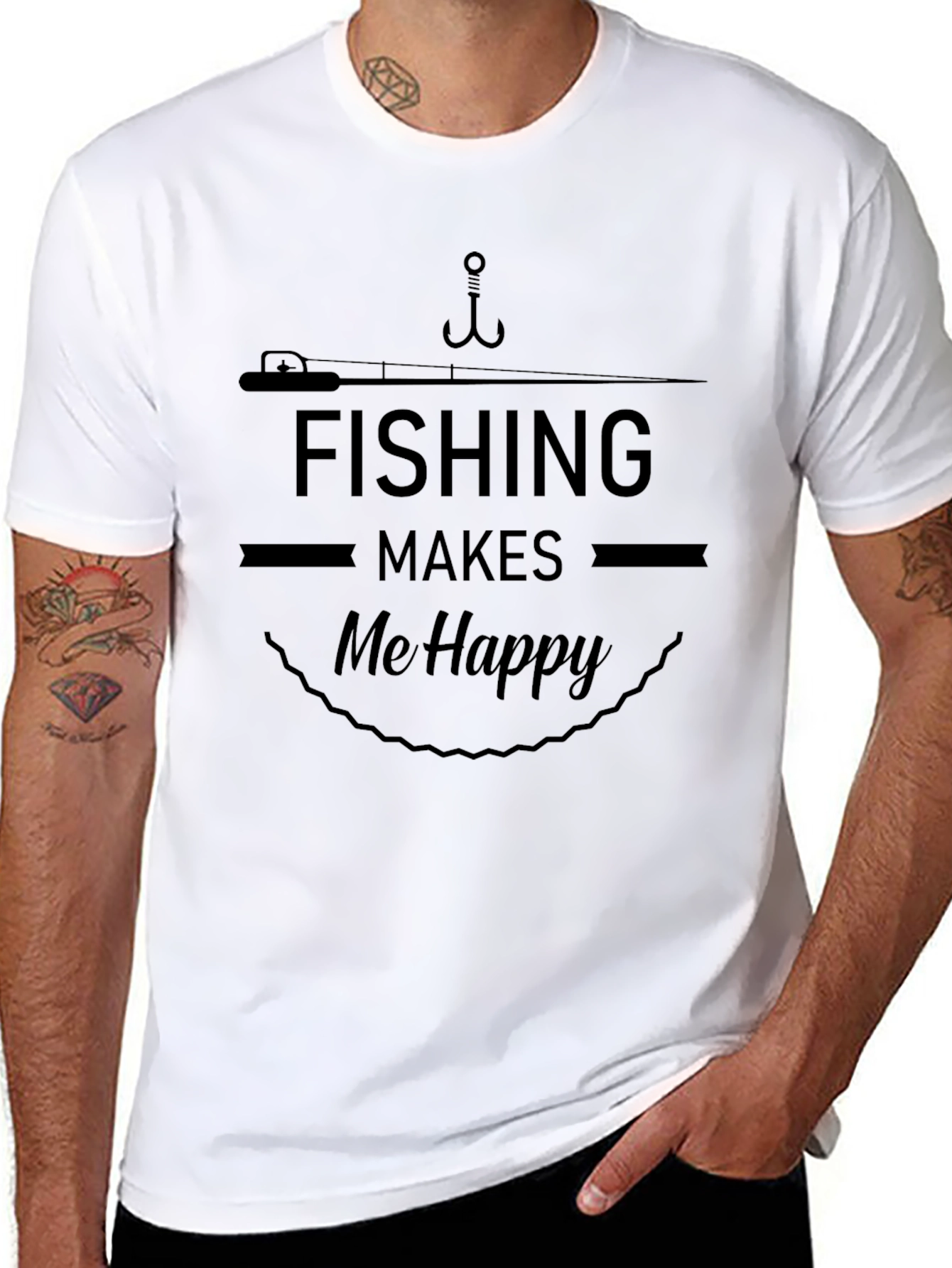 Fishing Makes Me Happy Black Graphic T-Shirt
