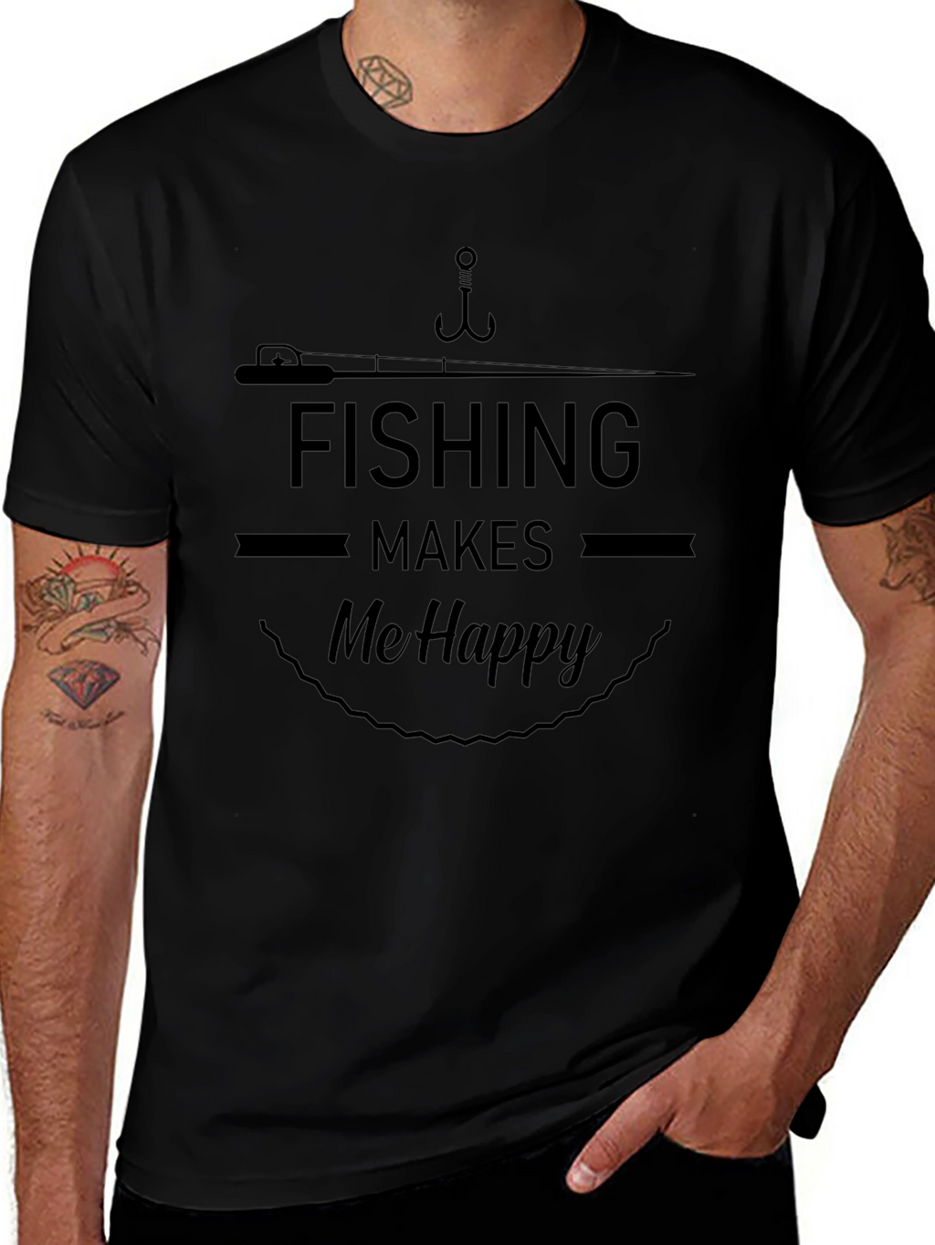 Fishing Makes Me Happy Black Graphic T-Shirt