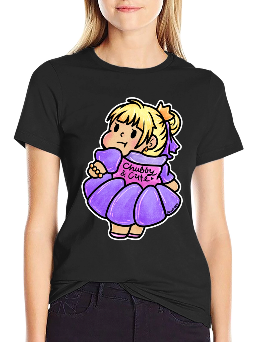 Cute Cartoon Girl Graphic Black T-Shirt