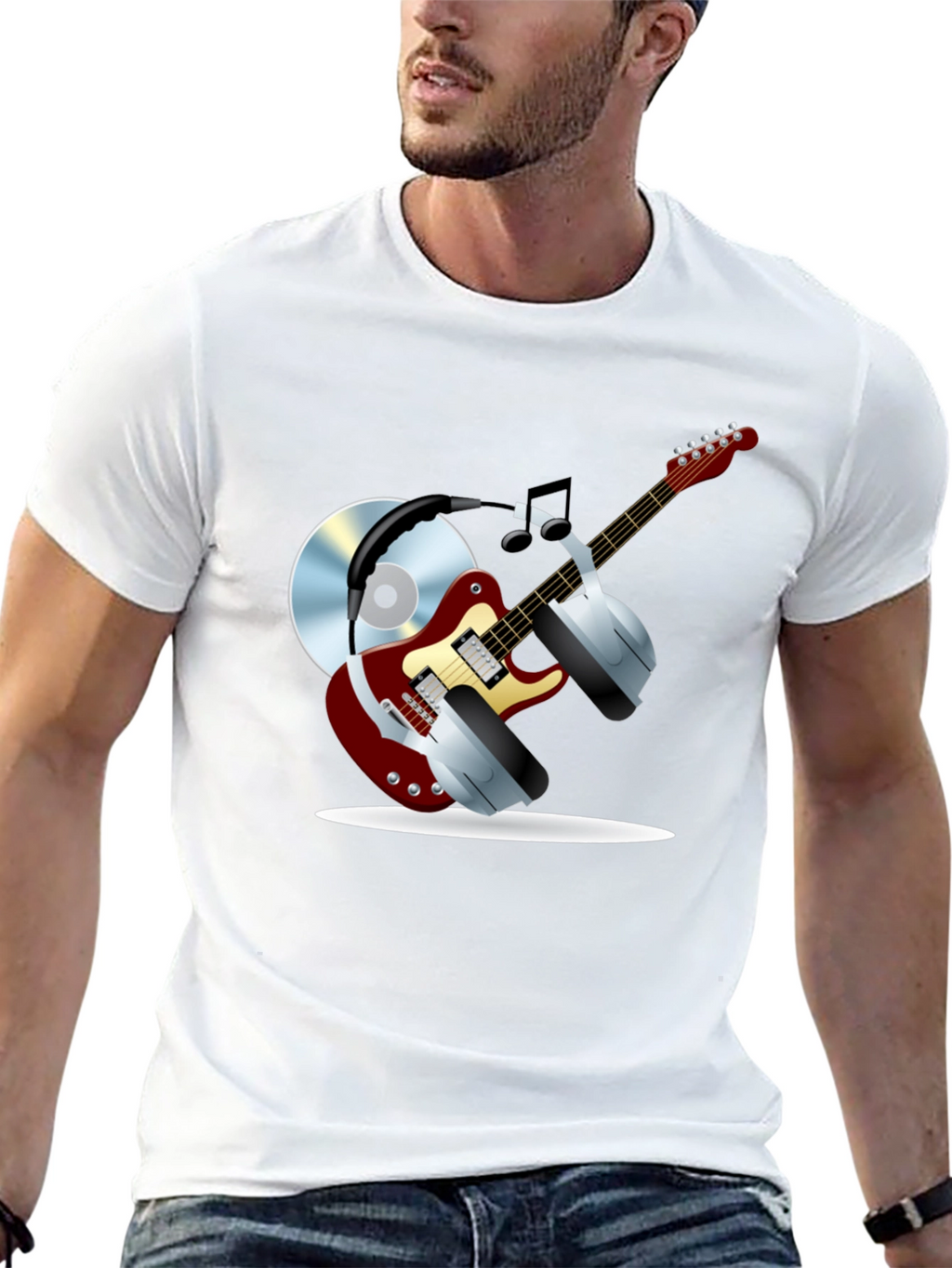 Music Lover Graphic Tee - Guitar Headphones & CD!