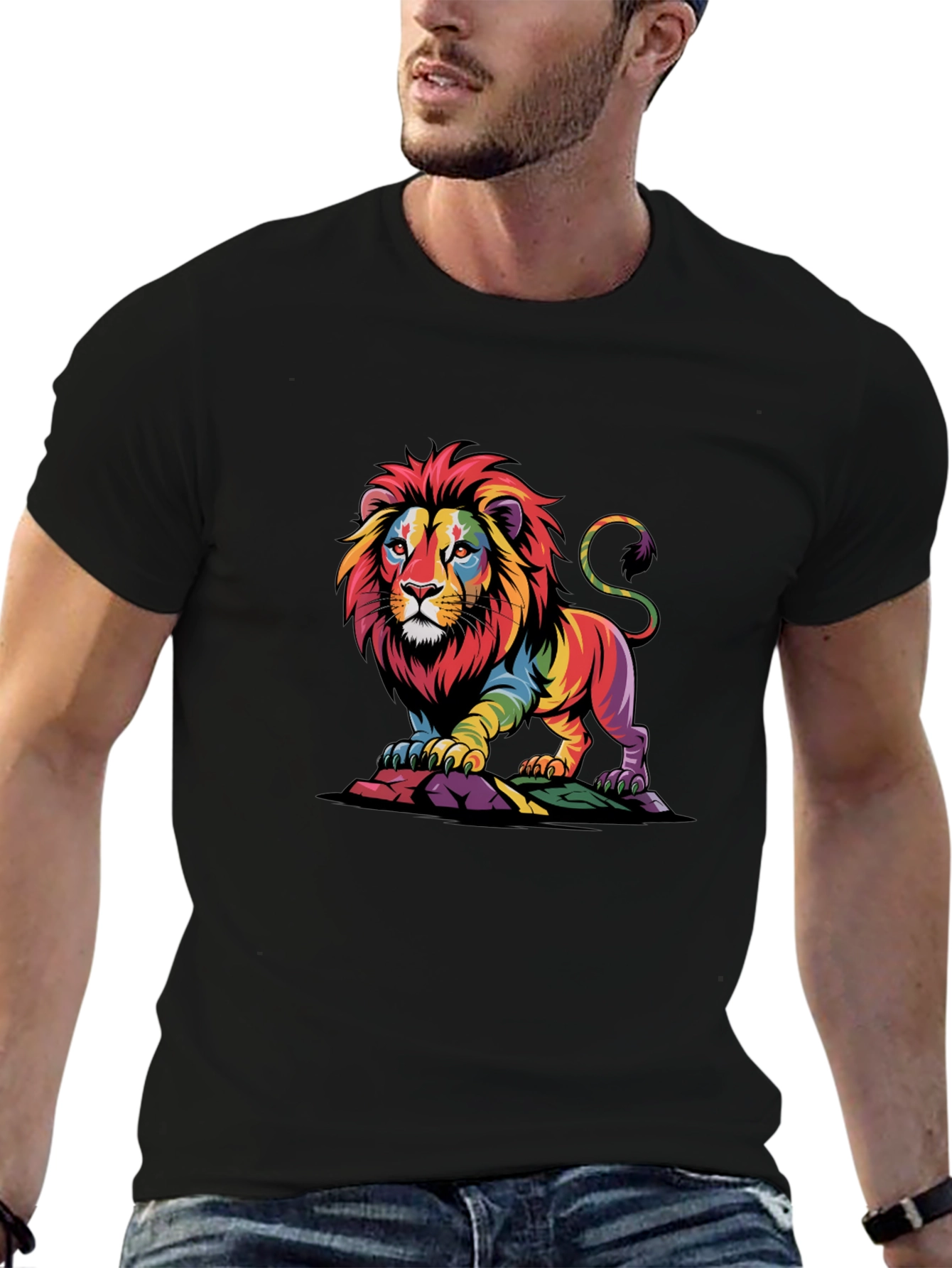 Rainbow Lion Graphic Tee - Bold Black T-Shirt