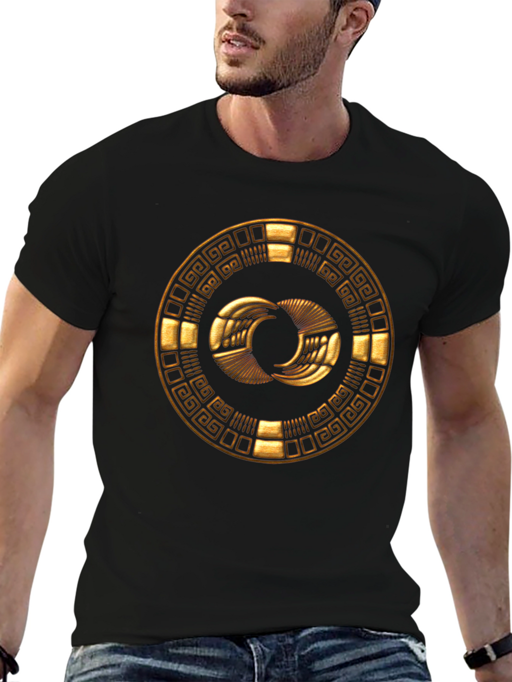 Golden Aztec Symbol Black T-Shirt