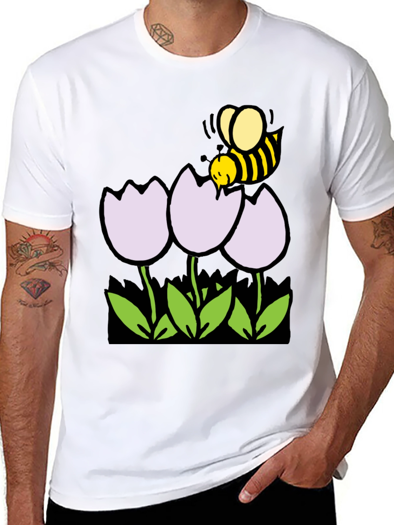 Bee and Flowers Graphic T-Shirt - Black Casual Tee