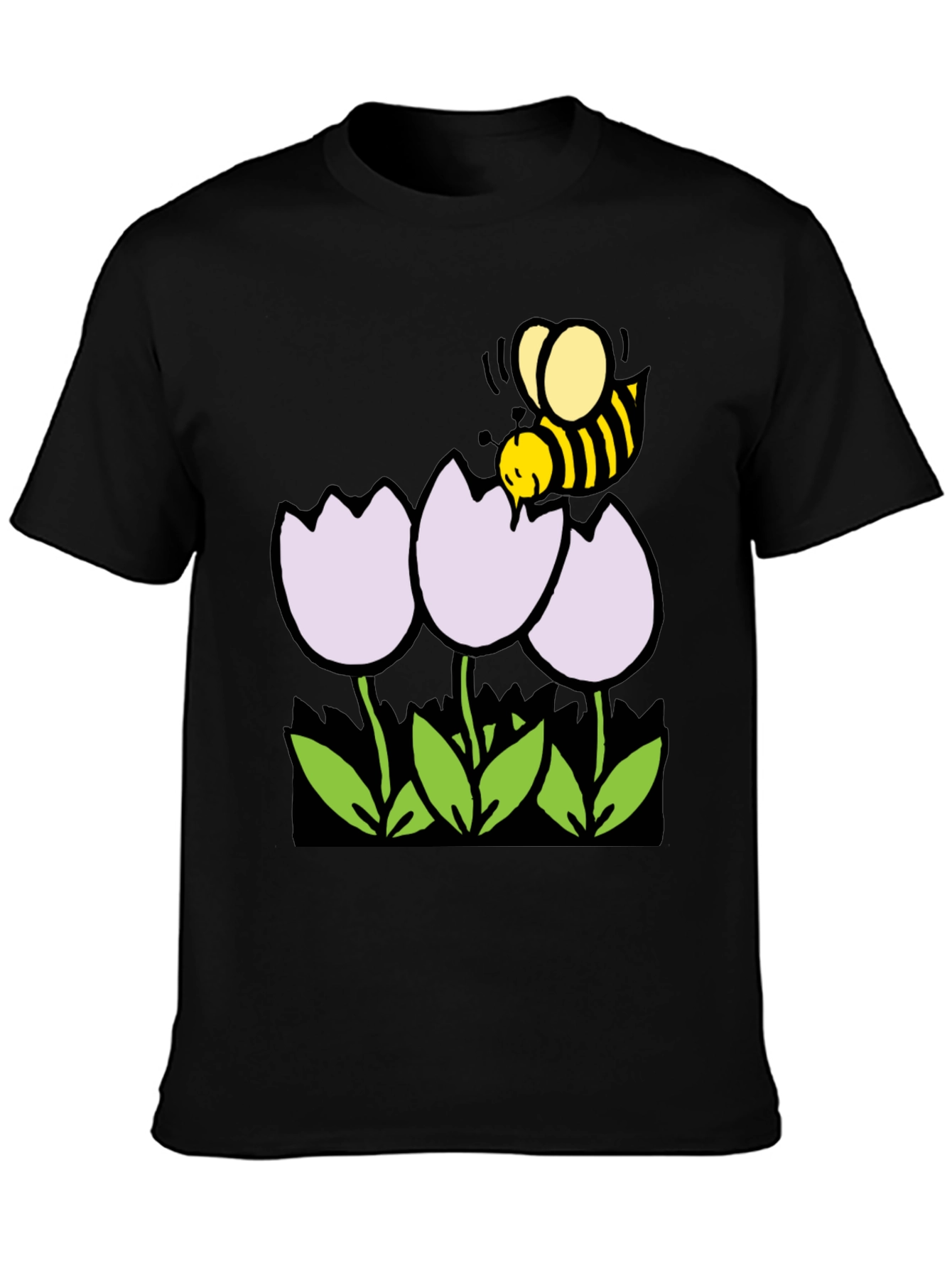 Bee and Flowers Graphic T-Shirt - Black Casual Tee