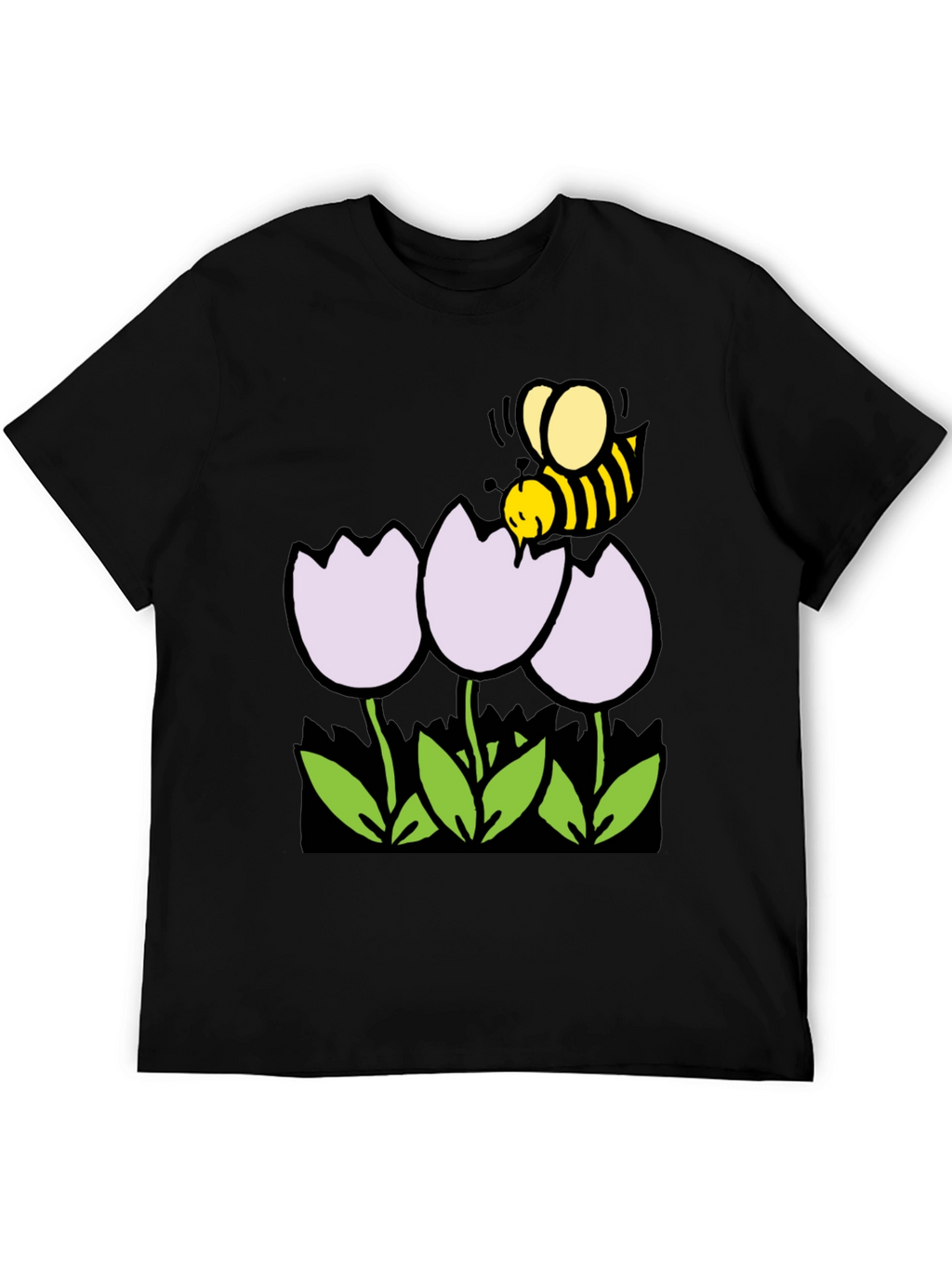 Bee and Flowers Graphic T-Shirt - Black Casual Tee