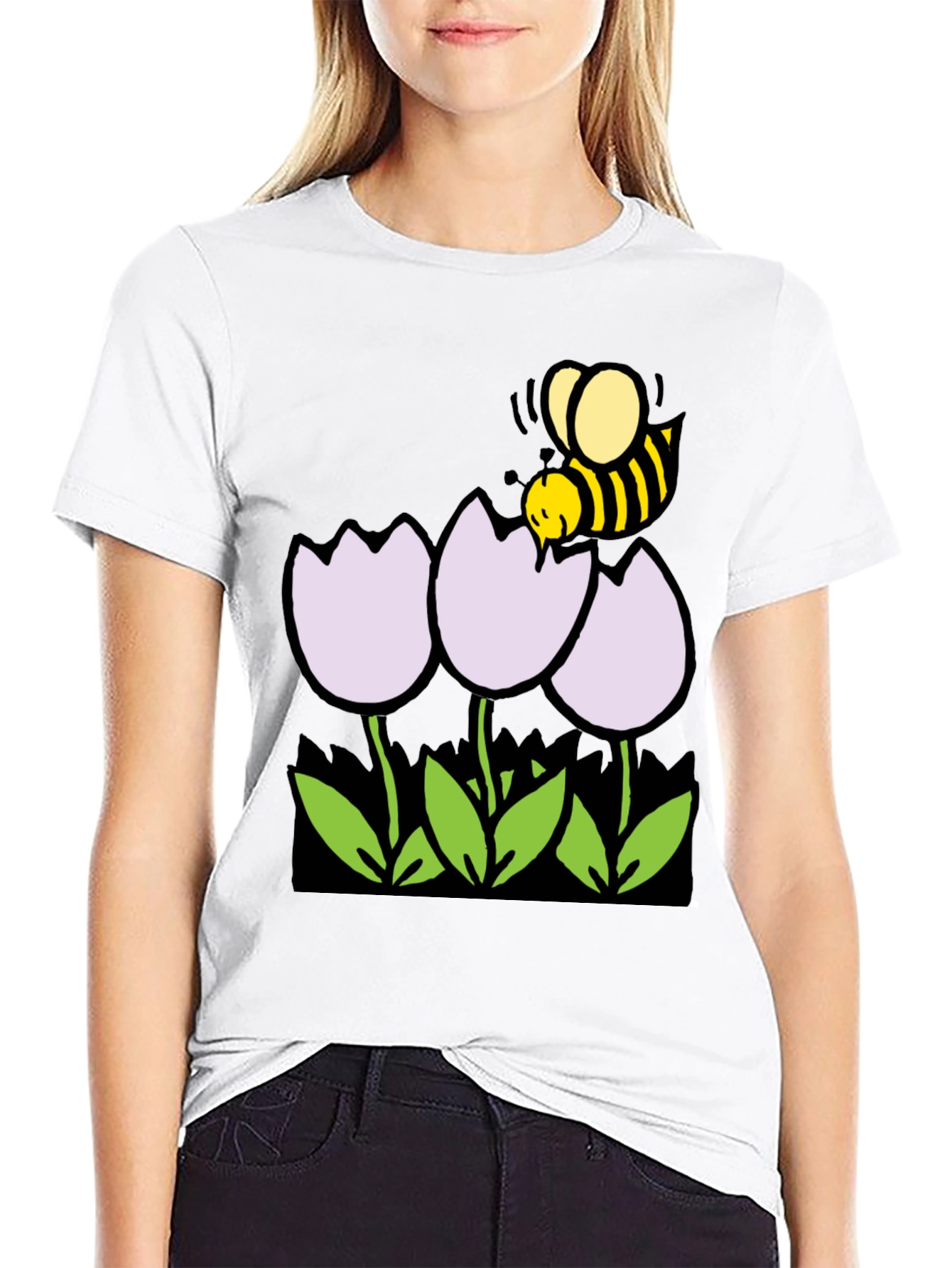 Bee and Flowers Graphic T-Shirt - Black Casual Tee