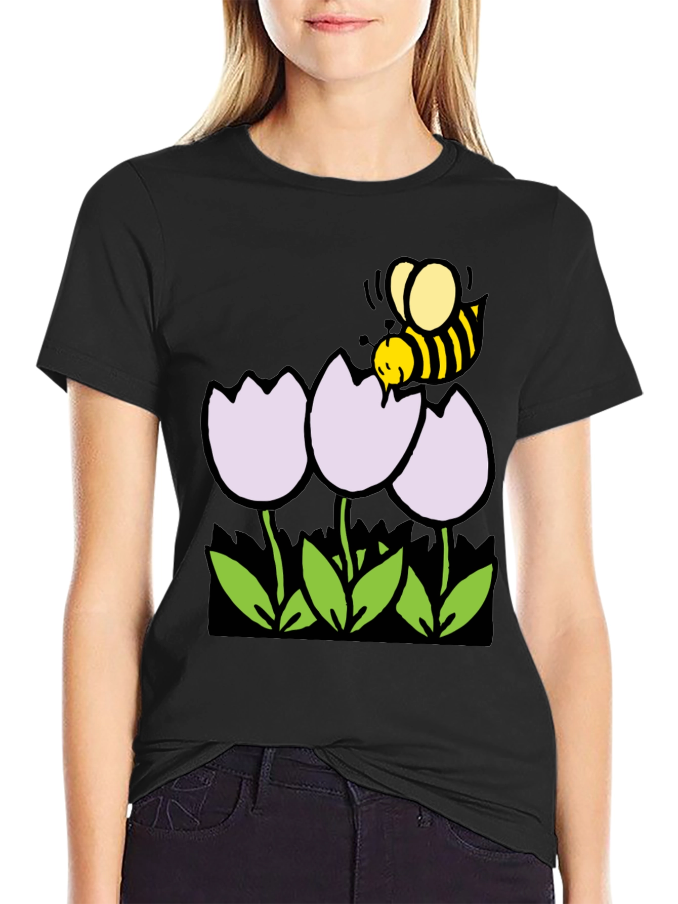 Bee and Flowers Graphic T-Shirt - Black Casual Tee