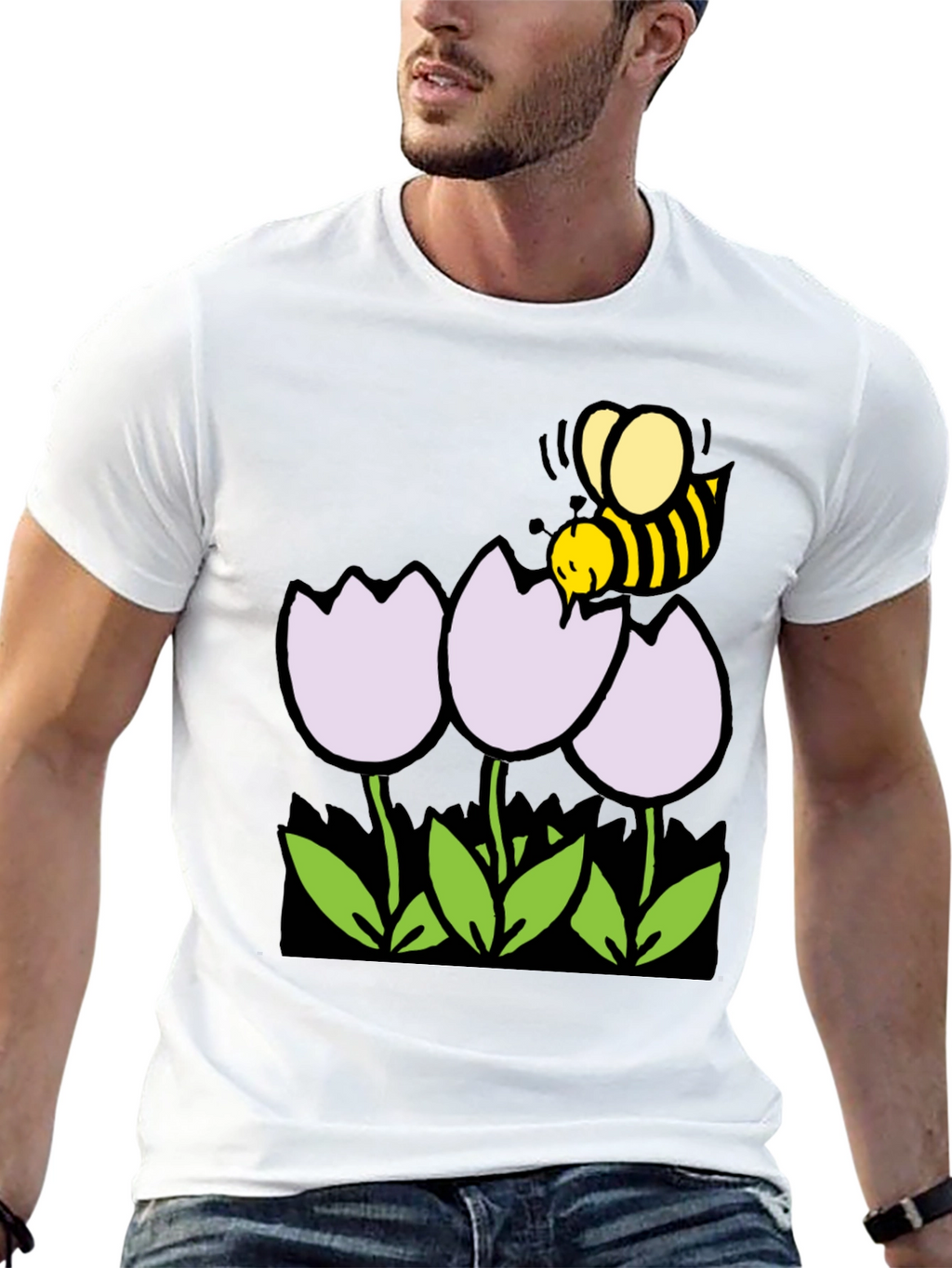 Bee and Flowers Graphic T-Shirt - Black Casual Tee