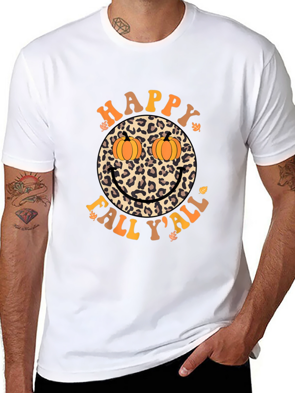 Happy Fall Yall Leopard Smiley Face Pumpkin Eyes T-Shirt