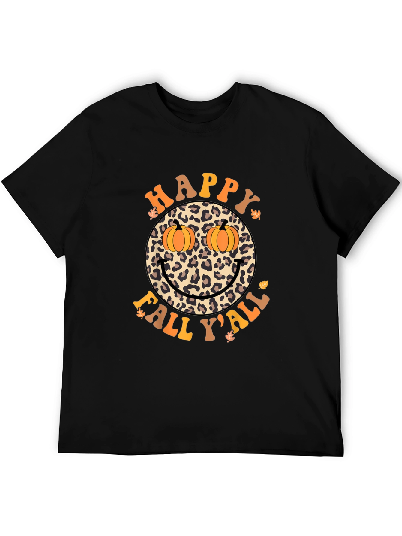Happy Fall Yall Leopard Smiley Face Pumpkin Eyes T-Shirt