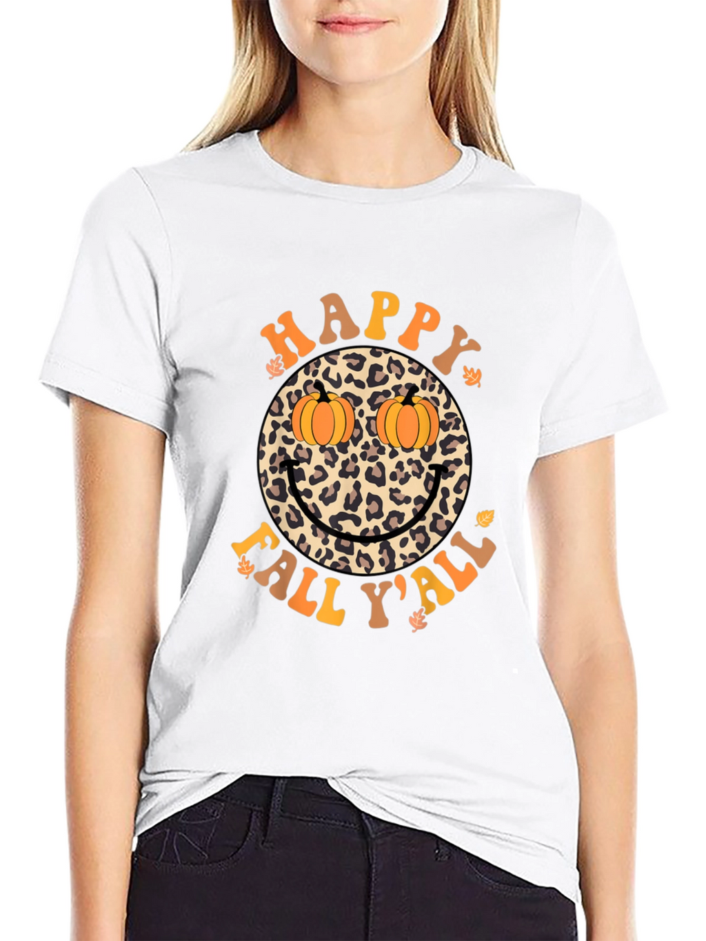 Happy Fall Yall Leopard Smiley Face Pumpkin Eyes T-Shirt