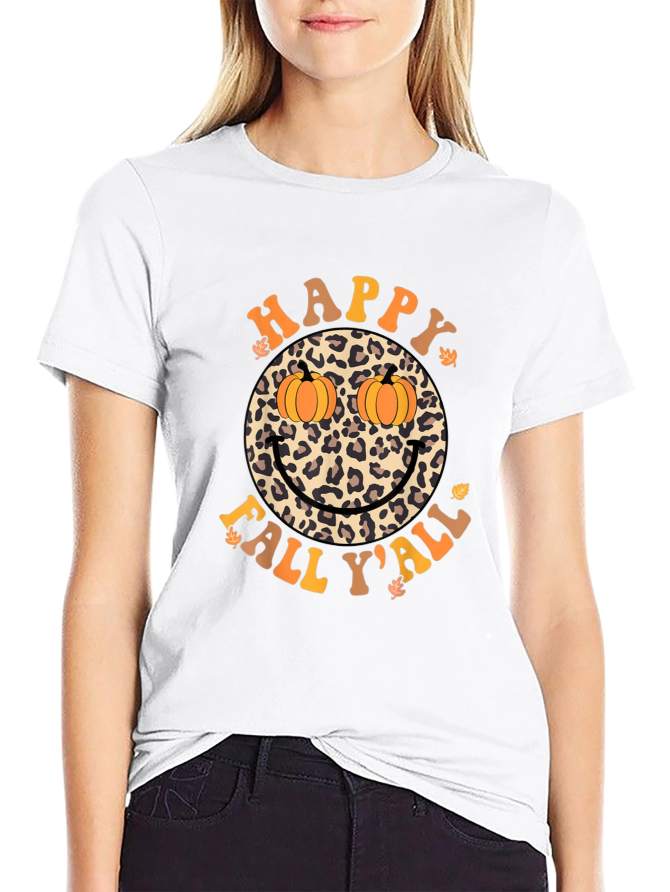 Happy Fall Yall Leopard Smiley Face Pumpkin Eyes T-Shirt