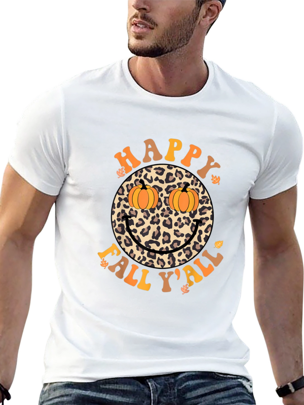 Happy Fall Yall Leopard Smiley Face Pumpkin Eyes T-Shirt