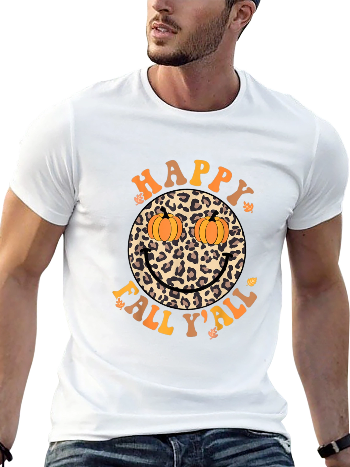 Happy Fall Yall Leopard Smiley Face Pumpkin Eyes T-Shirt