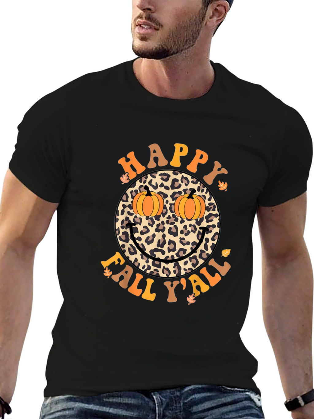 Happy Fall Yall Leopard Smiley Face Pumpkin Eyes T-Shirt