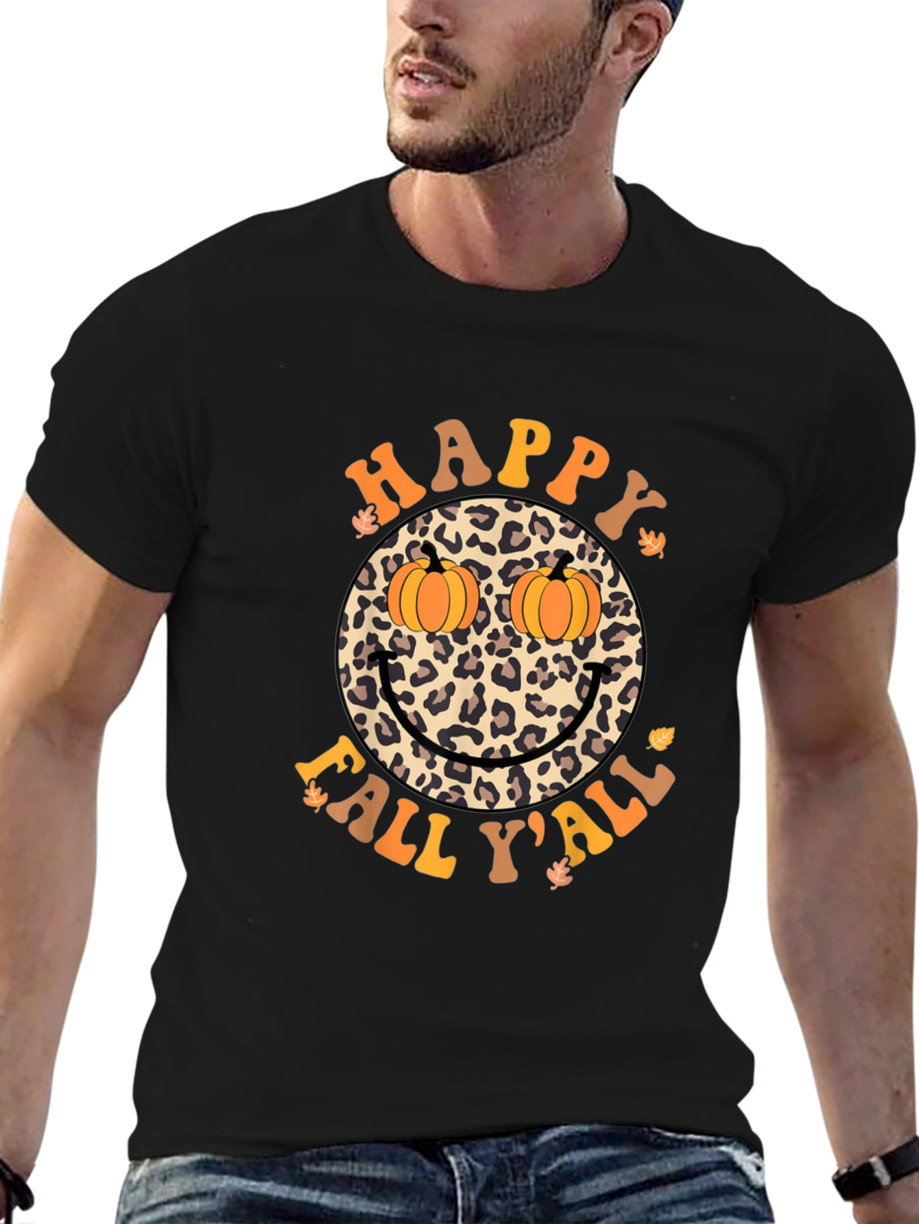 Happy Fall Yall Leopard Smiley Face Pumpkin Eyes T-Shirt