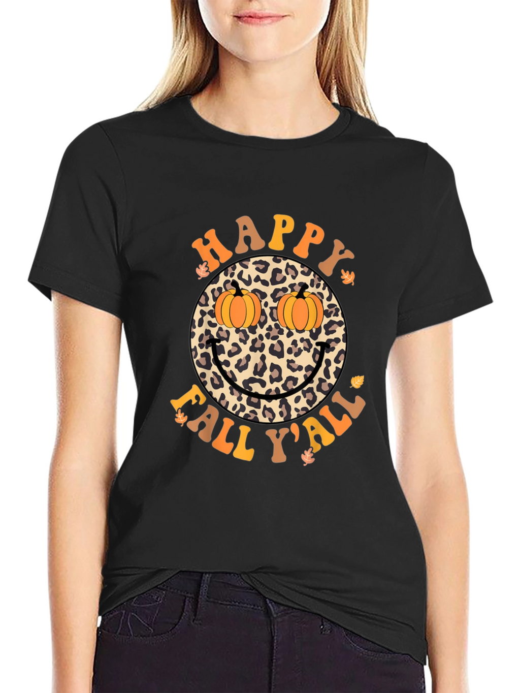 Happy Fall Yall Leopard Smiley Face Pumpkin Eyes T-Shirt