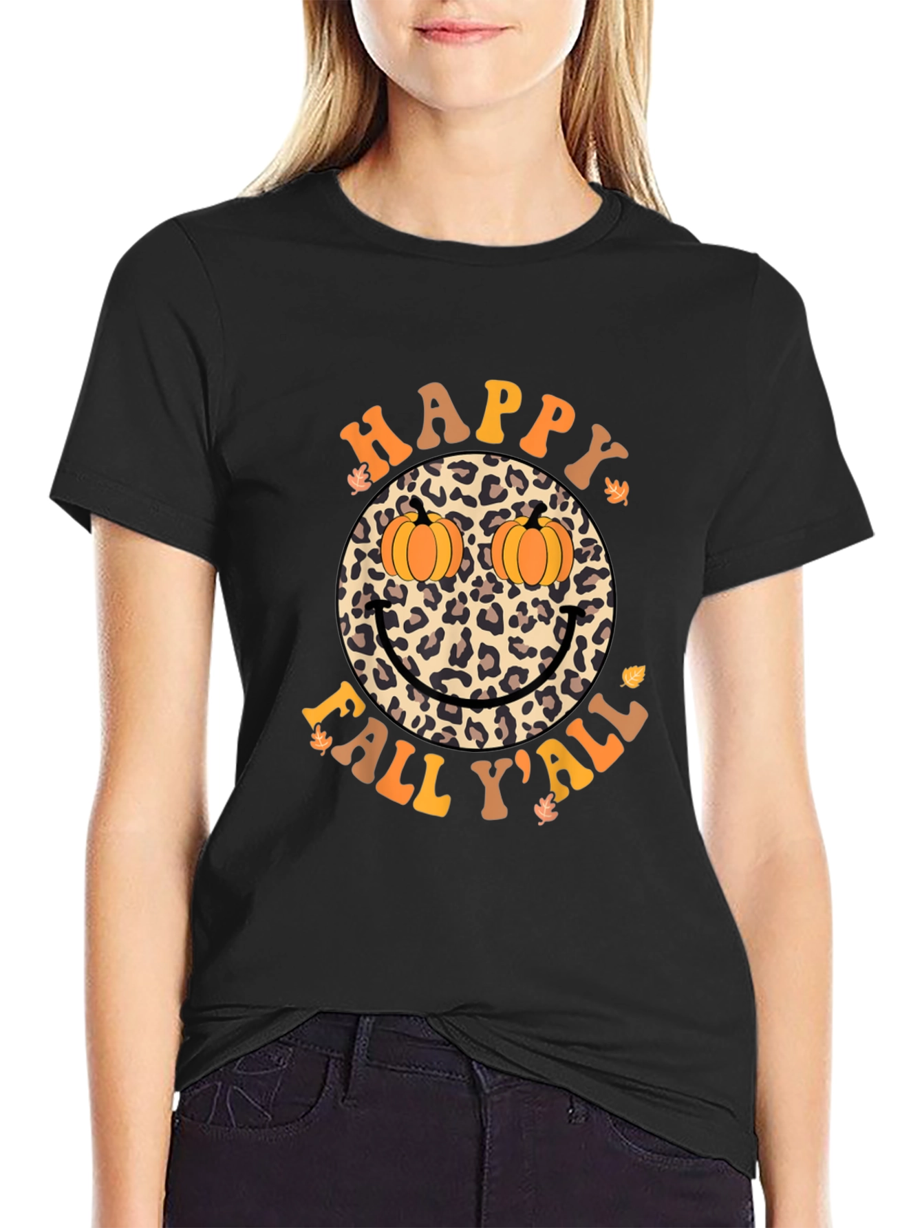 Happy Fall Yall Leopard Smiley Face Pumpkin Eyes T-Shirt