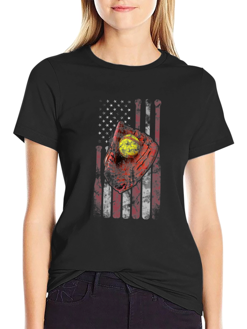 Patriotic Softball T-Shirt - American Flag Design