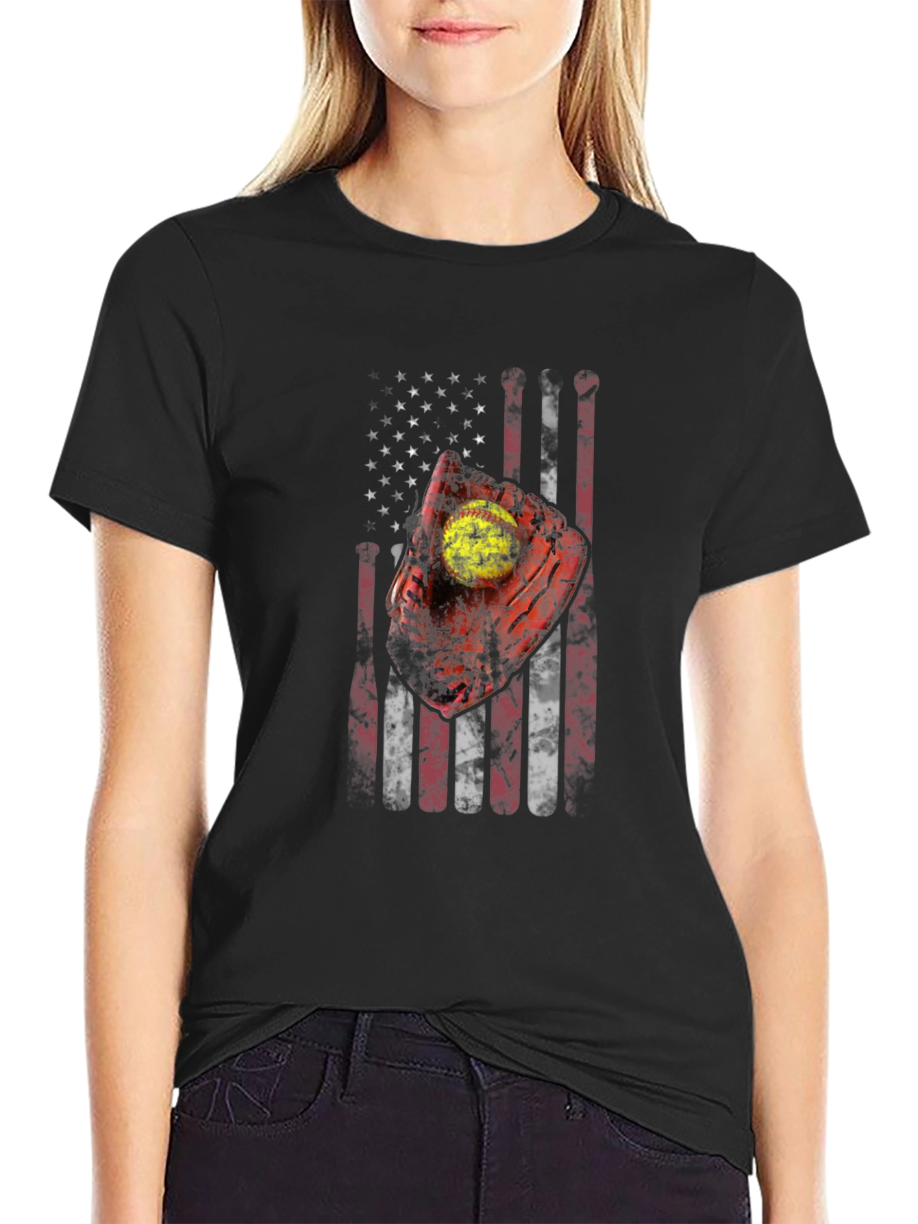 Patriotic Softball T-Shirt - American Flag Design