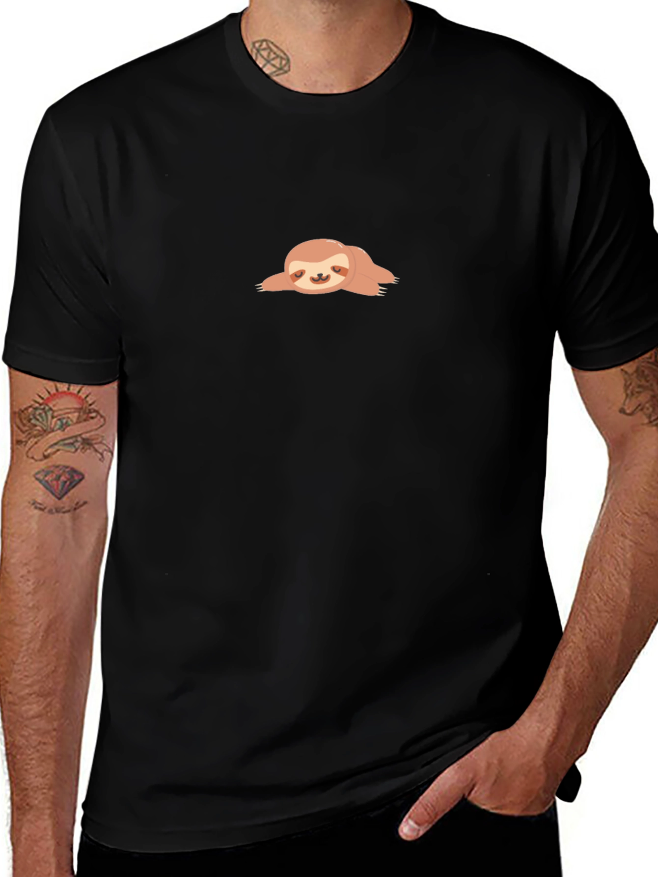 Relaxed Sloth Graphic Tee - Black Crew Neck
