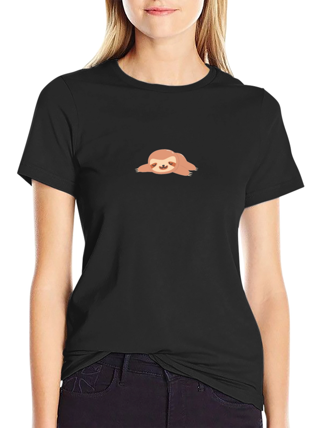 Relaxed Sloth Graphic Tee - Black Crew Neck