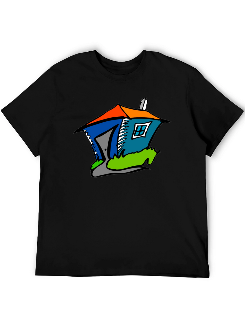 Cartoon House Graphic Tee - Quirky Black T-Shirt