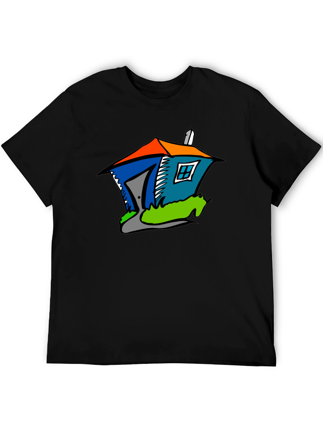 Cartoon House Graphic Tee - Quirky Black T-Shirt