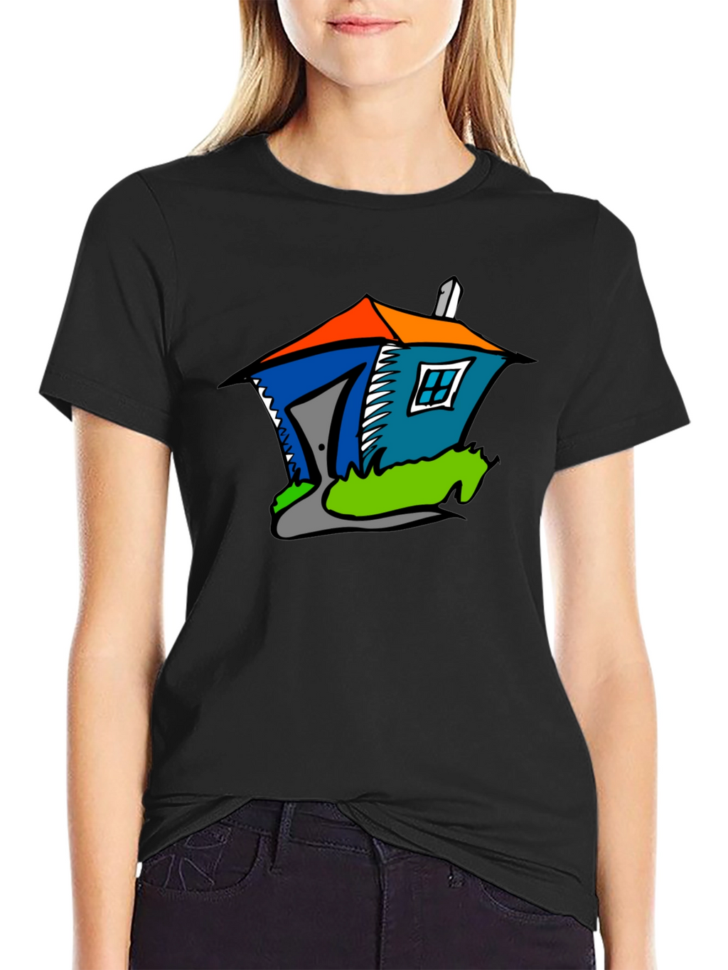 Cartoon House Graphic Tee - Quirky Black T-Shirt