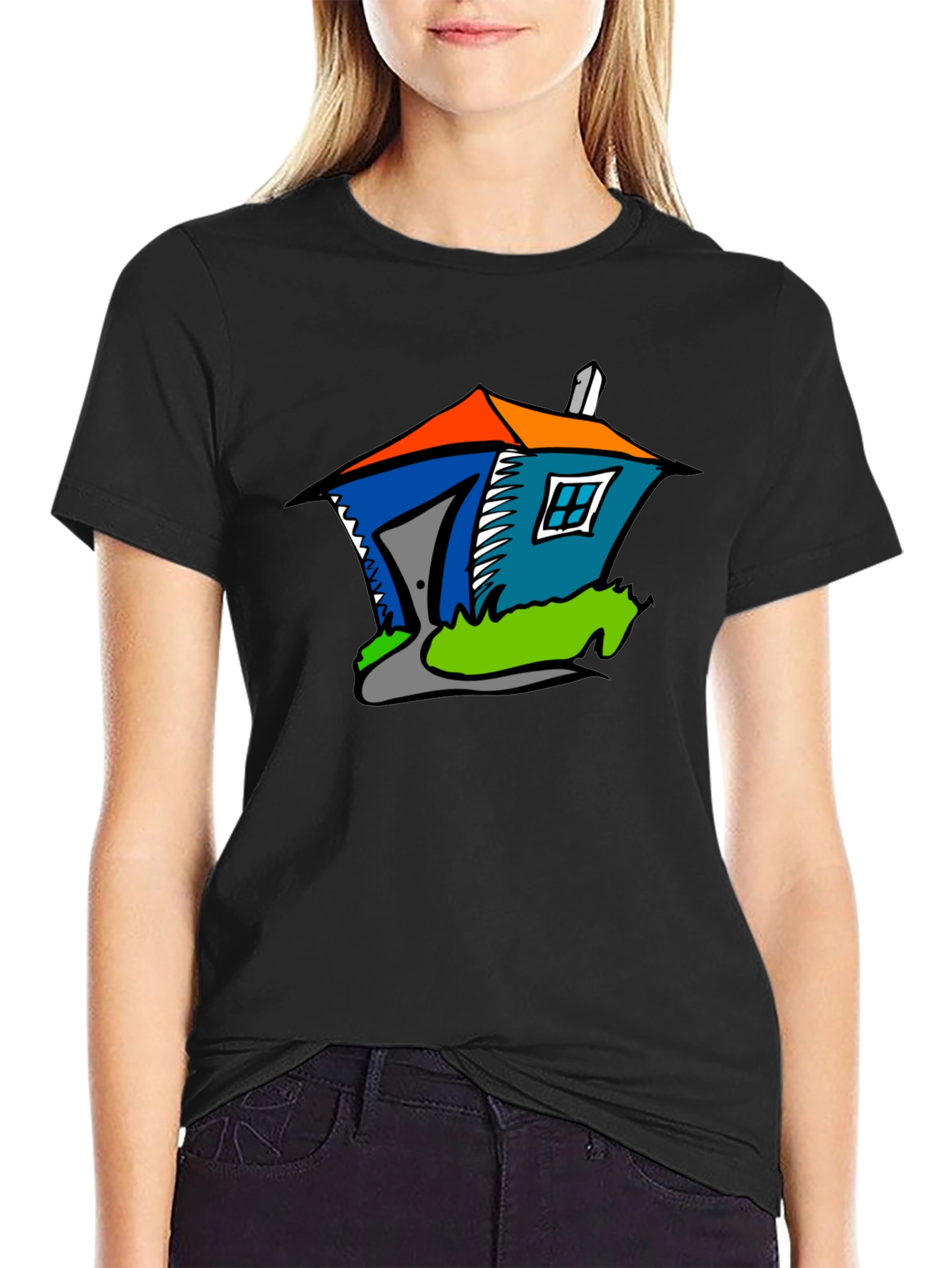 Cartoon House Graphic Tee - Quirky Black T-Shirt