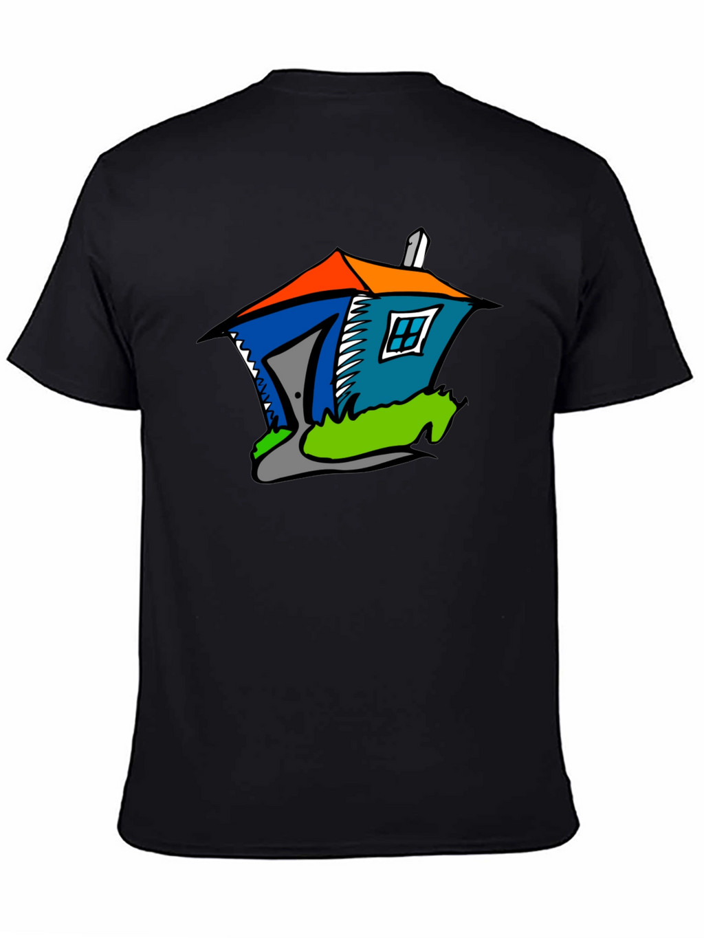 Cartoon House Graphic Tee - Quirky Black T-Shirt