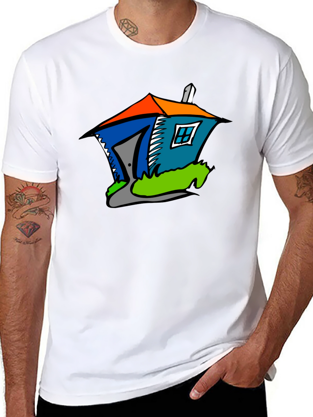 Cartoon House Graphic Tee - Quirky Black T-Shirt