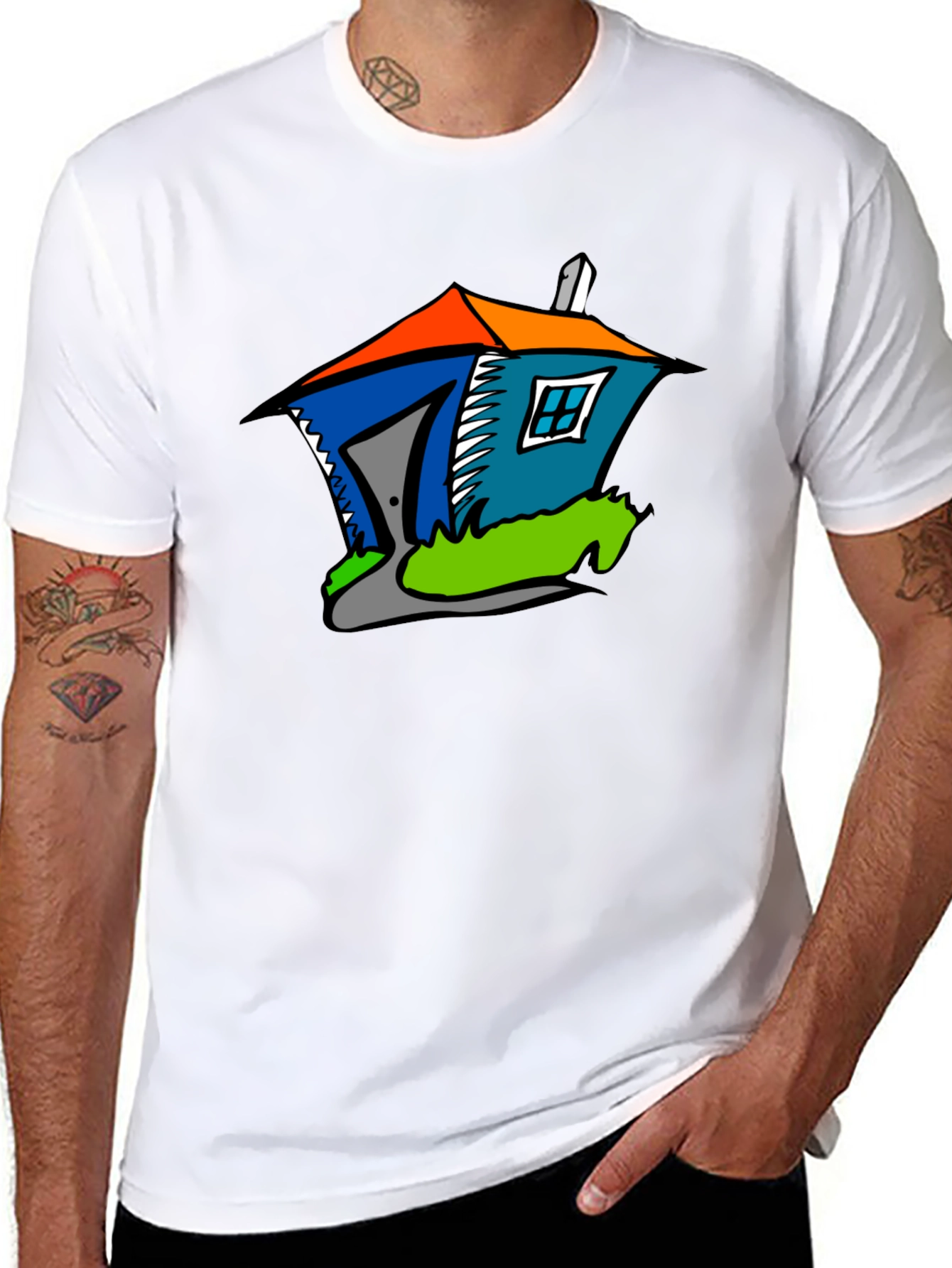 Cartoon House Graphic Tee - Quirky Black T-Shirt