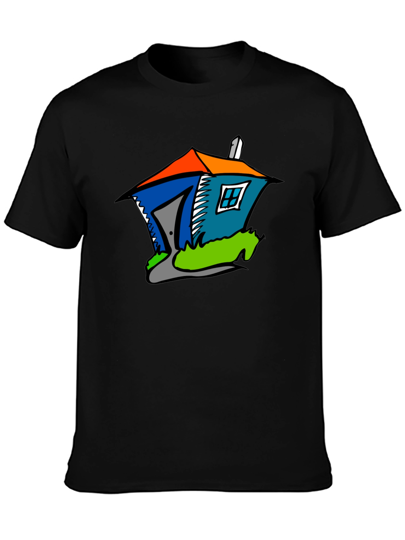 Cartoon House Graphic Tee - Quirky Black T-Shirt