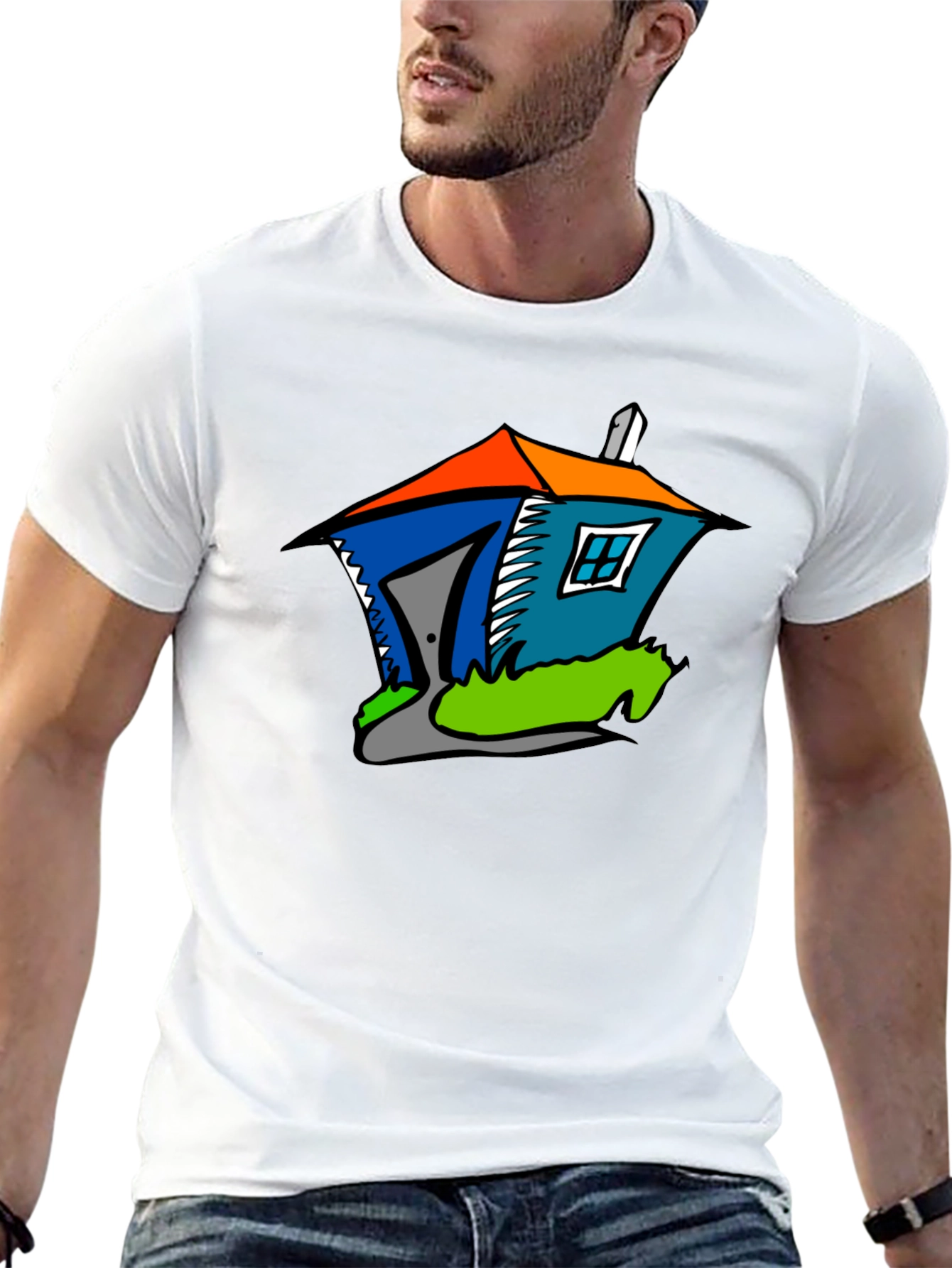 Cartoon House Graphic Tee - Quirky Black T-Shirt