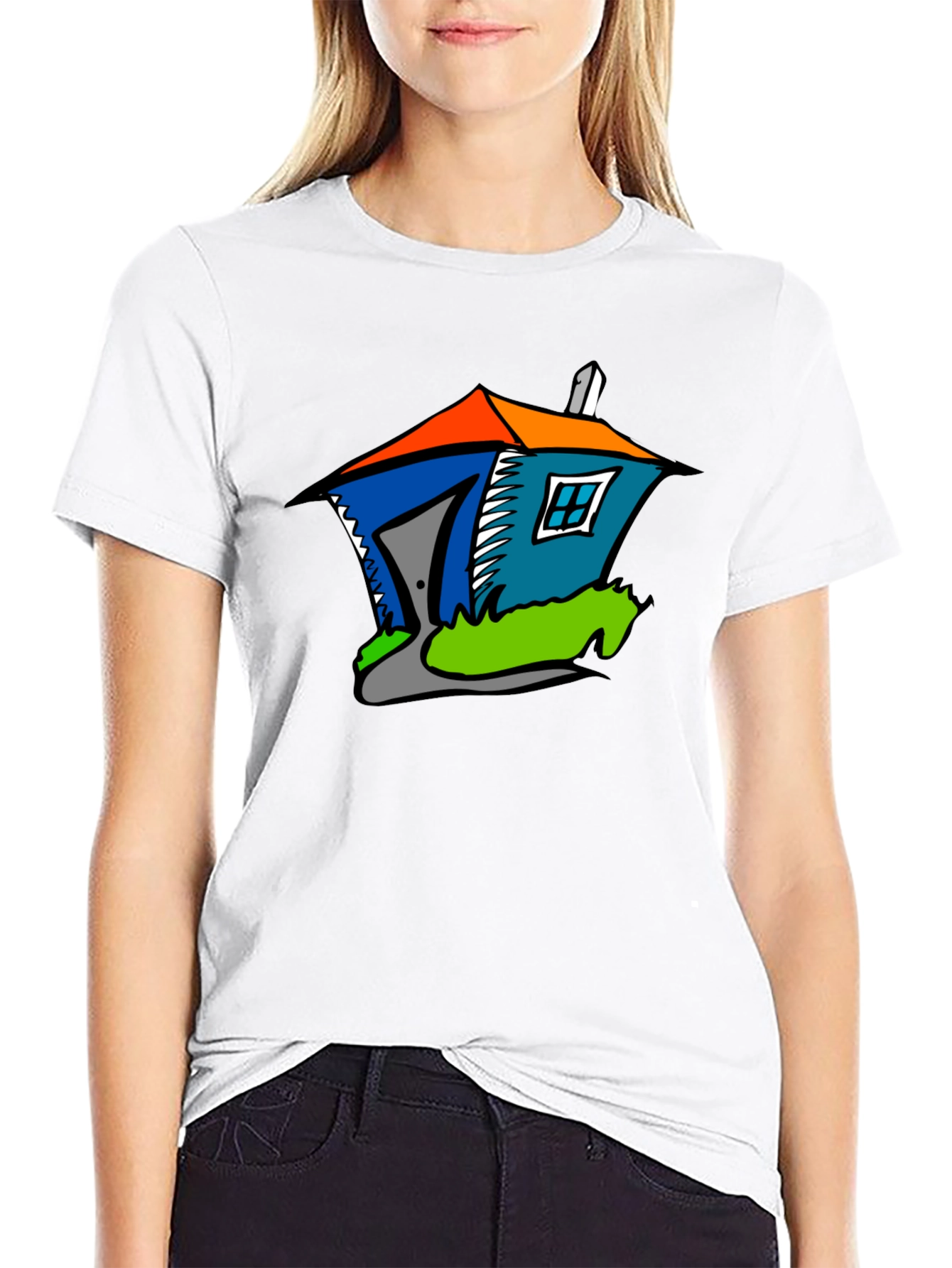 Cartoon House Graphic Tee - Quirky Black T-Shirt